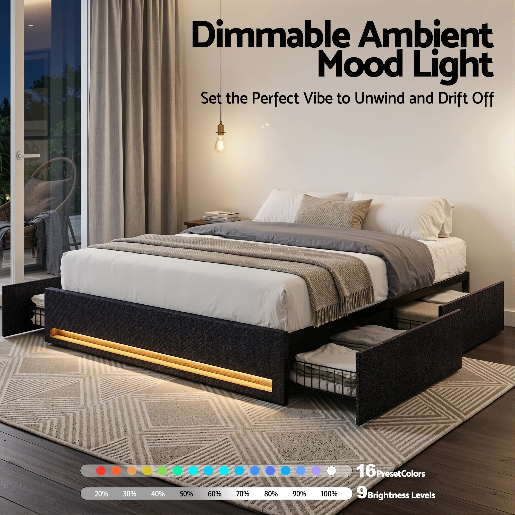 Artiss Queen Bed Frame with Storage Drawers RGB Lights Charging Station Upholstered Fabric - Image 6