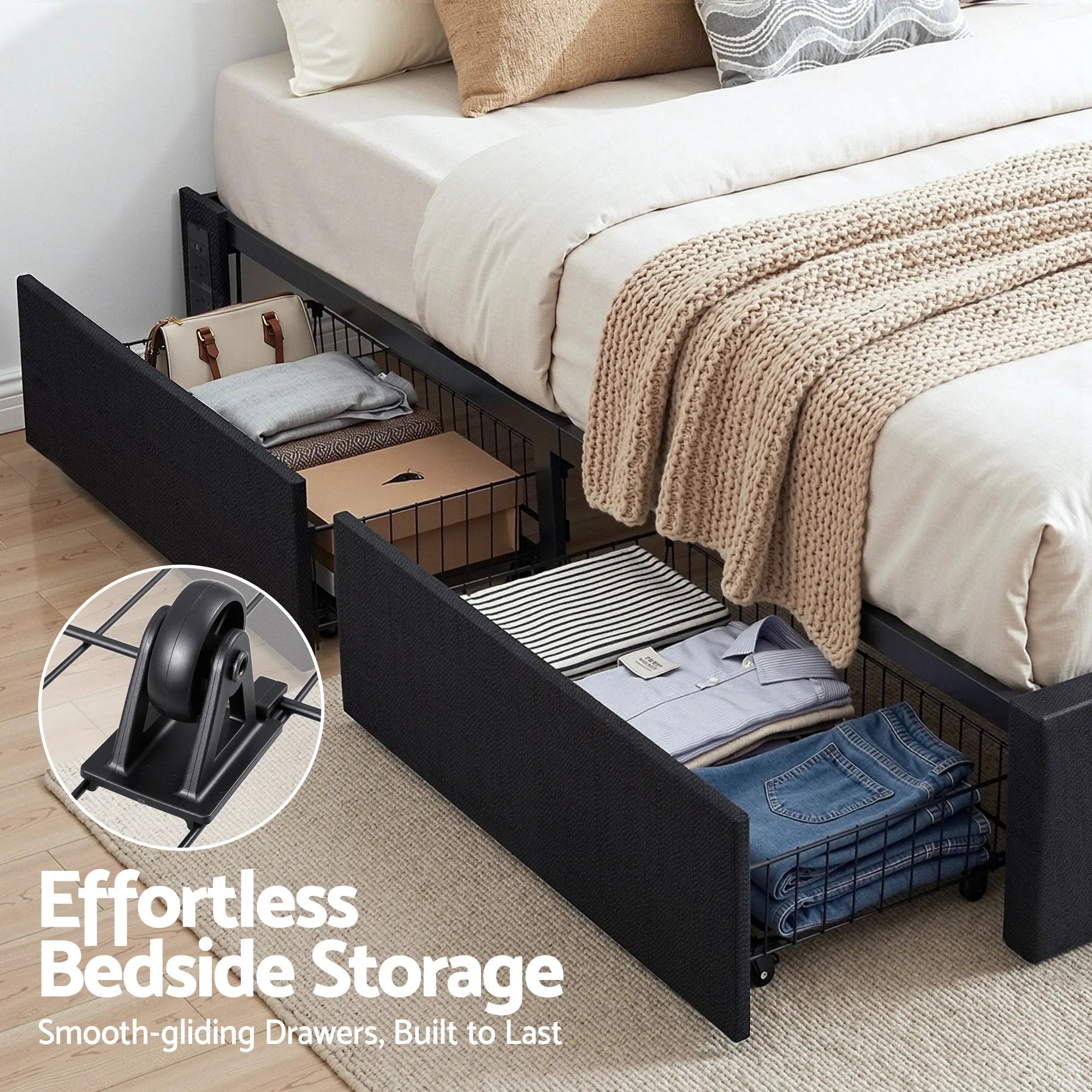 Artiss Queen Bed Frame with Storage Drawers RGB Lights Charging Station Upholstered Fabric - Image 7