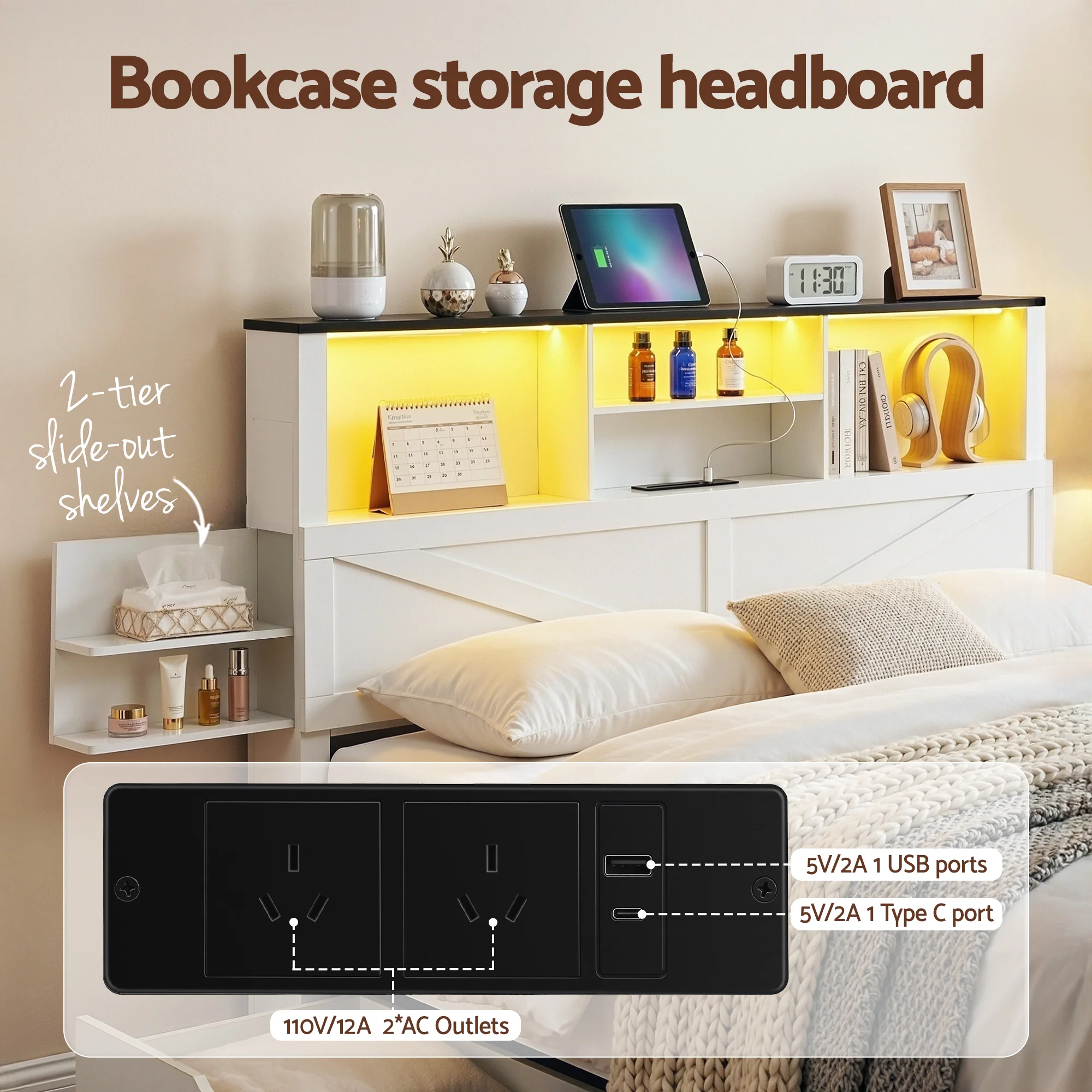 Artiss Queen Bed Frame with Storage Drawers White Platform Bedframe with Bookcase Headboard Charging Station Led Light - Image 5