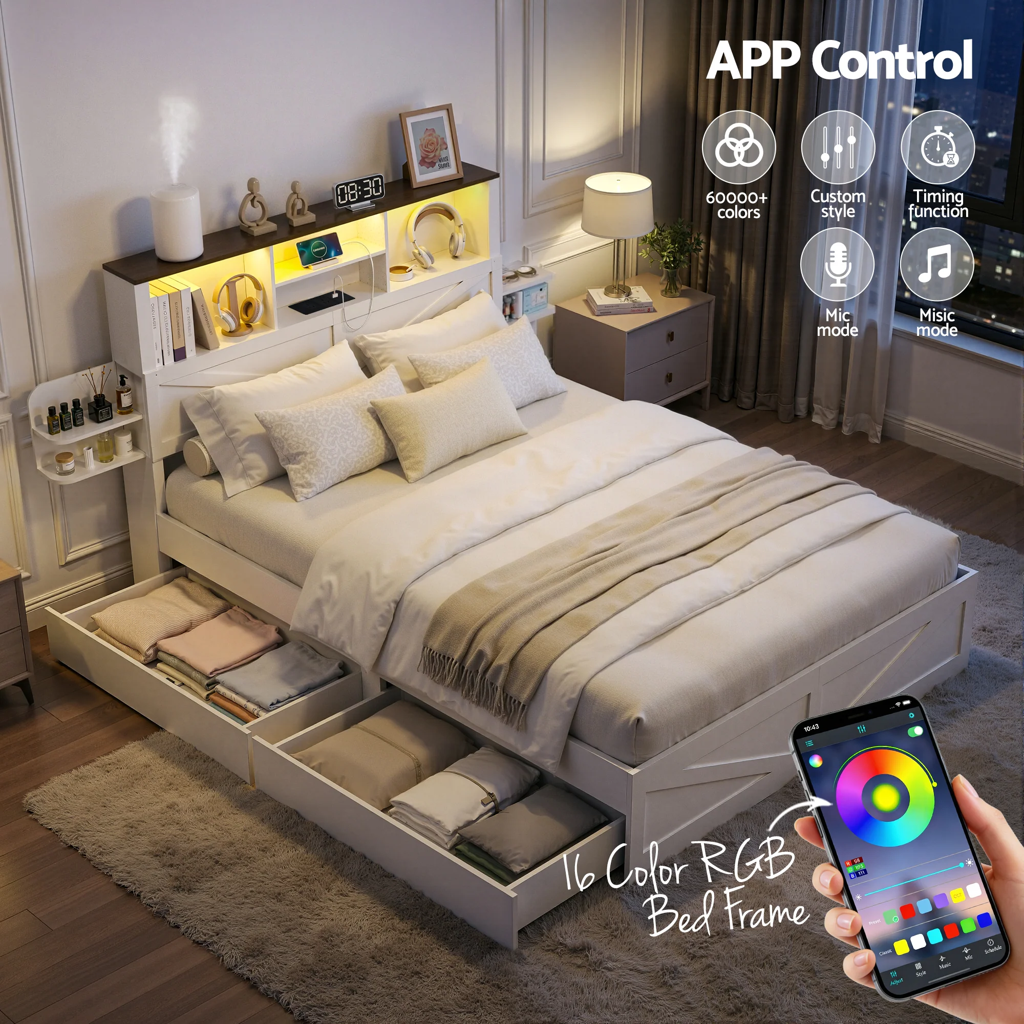 Artiss Queen Bed Frame with Storage Drawers White Platform Bedframe with Bookcase Headboard Charging Station Led Light - Image 6