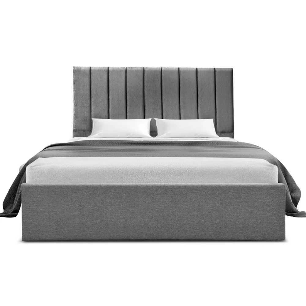 Artiss Queen Bed Frame with Storage Grey Velvet Headboard Gas Lift Platform Base - Image 3