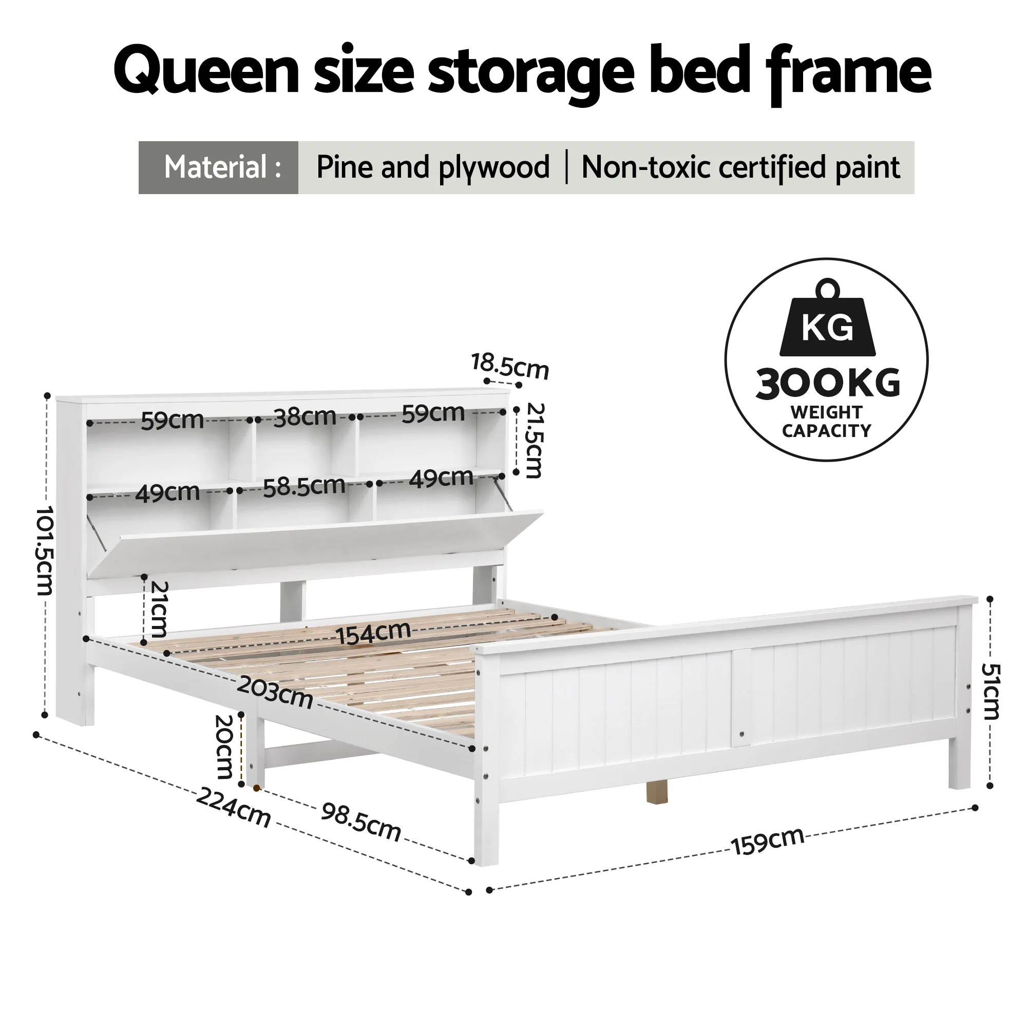 Artiss Queen Bed Frame with Storage Headboard and Footboard Wooden Bed Base White - Image 3