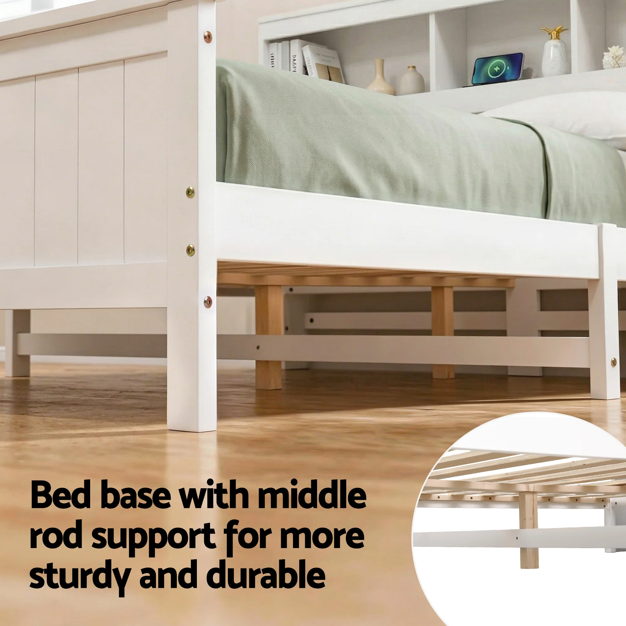 Artiss Queen Bed Frame with Storage Headboard and Footboard Wooden Bed Base White - Image 7