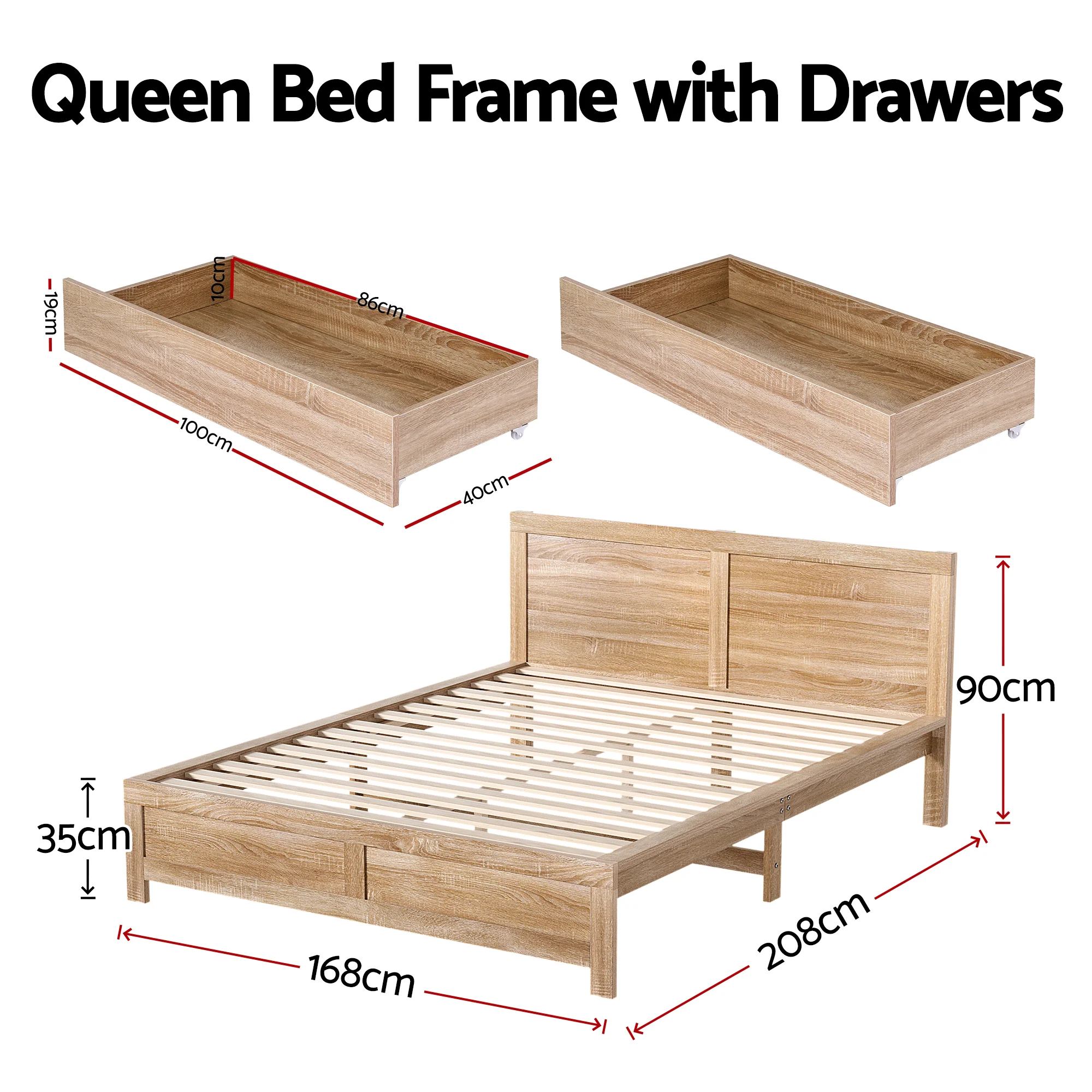 Artiss Queen Size Bed Frame with 2 Drawers Bedroom Furniture - Image 3
