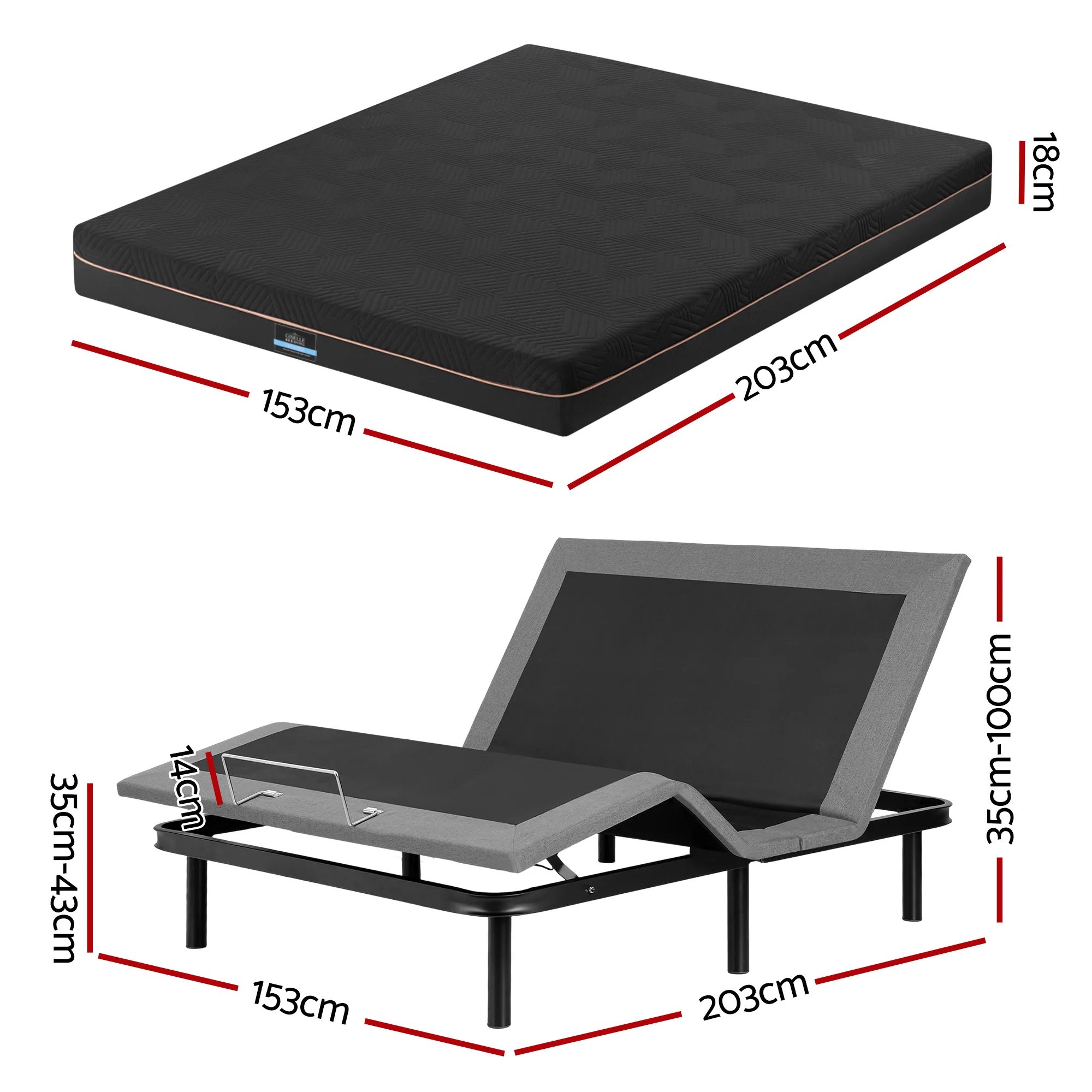 Artiss Queen size bed frame with Giselle Bedding Queen Mattress, adjustable bed Base Combo for Snoring Relief, Independent Head Foot Incline, Wireless Remote, Black,18cm Thickness - Image 3