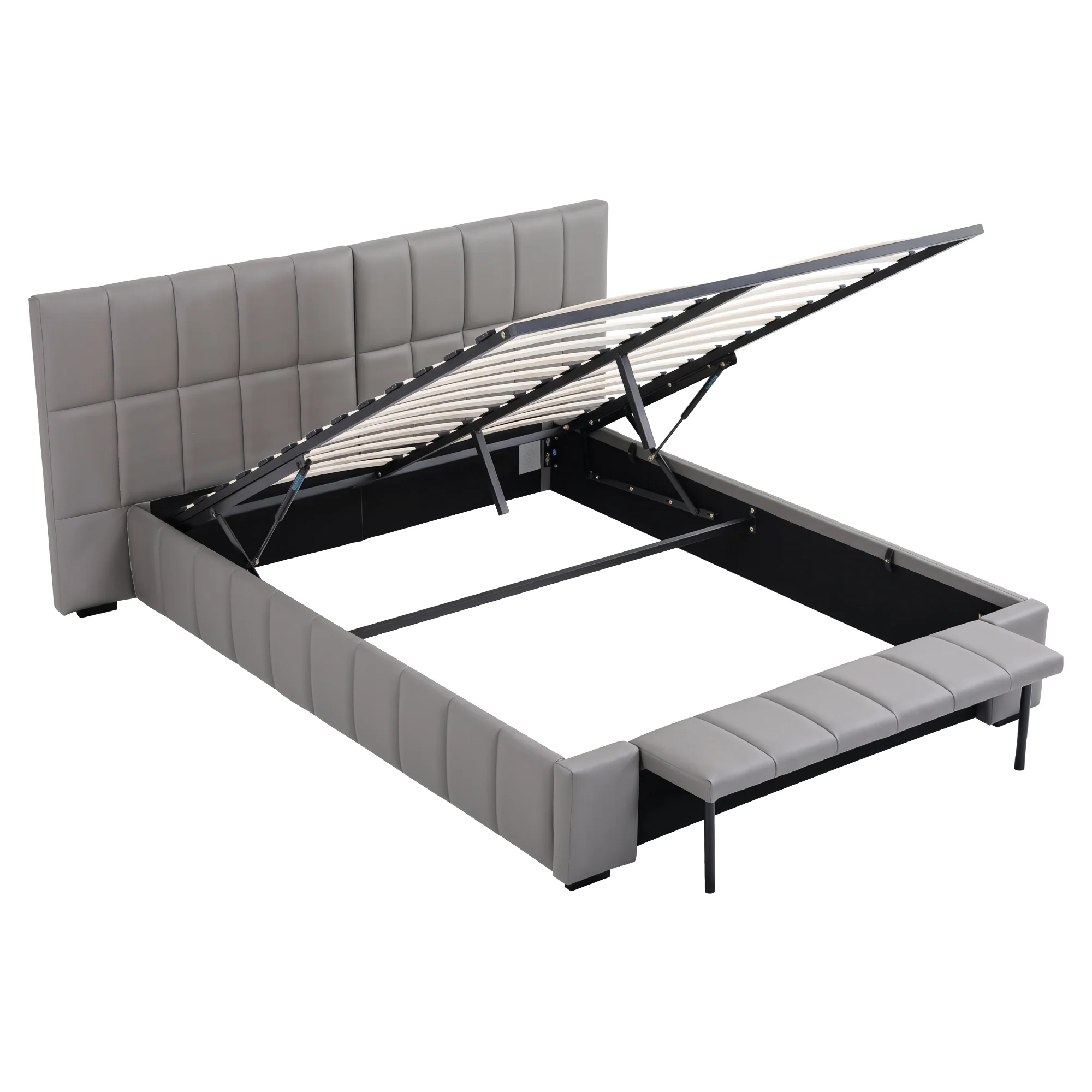 Artiss Queen Size Upholstered Gas Lift Bed Frame with Foldable Bench PVC Leather Platform Bed with Storage - Image 2
