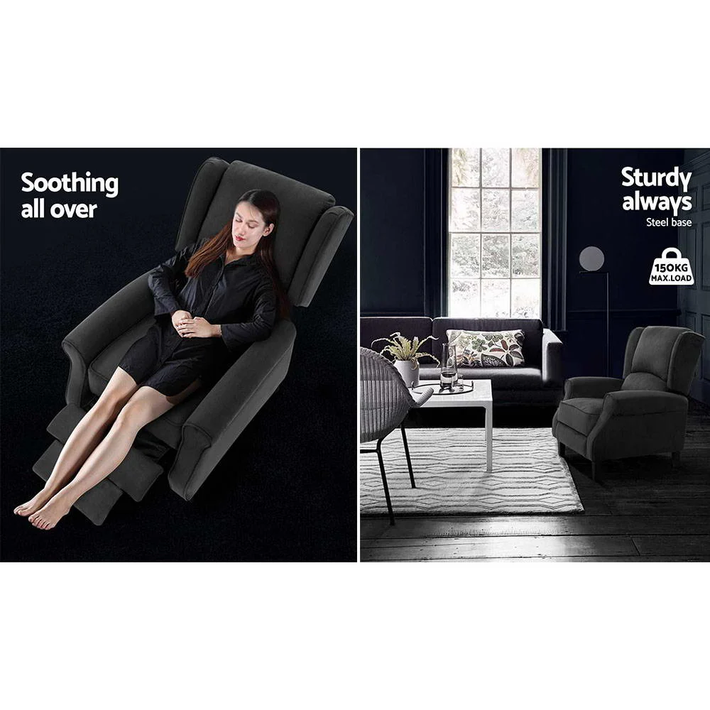 Artiss Recliner Chair Adjustable Sofa Lounge Soft Suede Armchair Couch Black - Image 4