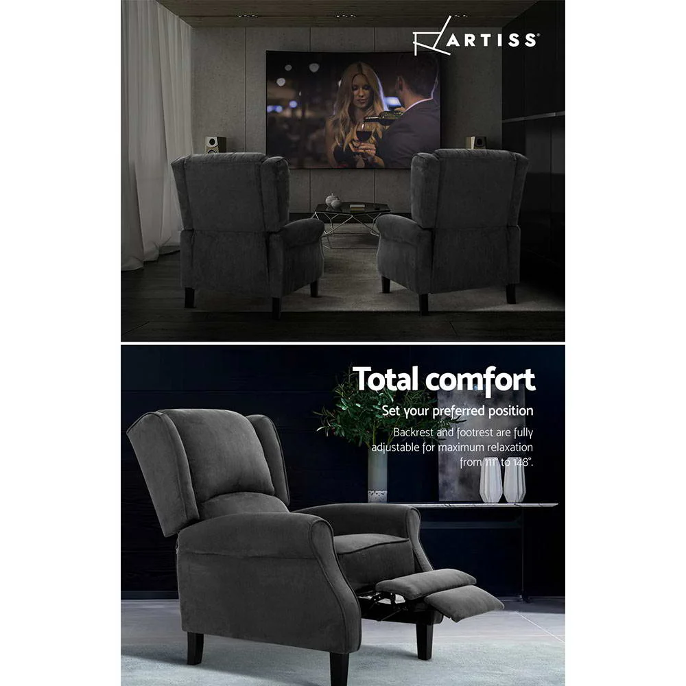 Artiss Recliner Chair Adjustable Sofa Lounge Soft Suede Armchair Couch Black - Image 5