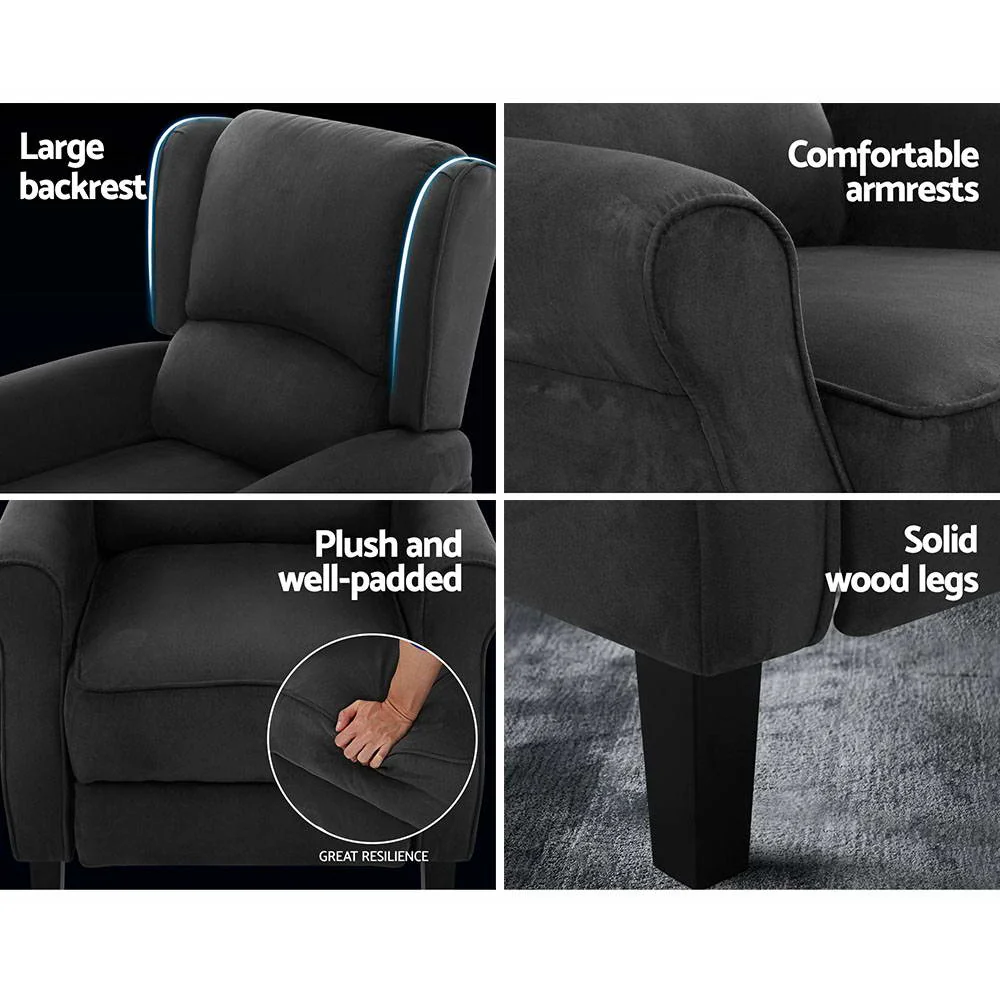 Artiss Recliner Chair Adjustable Sofa Lounge Soft Suede Armchair Couch Black - Image 6