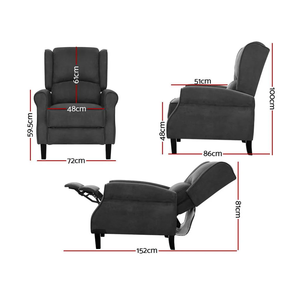 Artiss Recliner Chair Adjustable Sofa Lounge Soft Suede Armchair Couch Black - Image 7