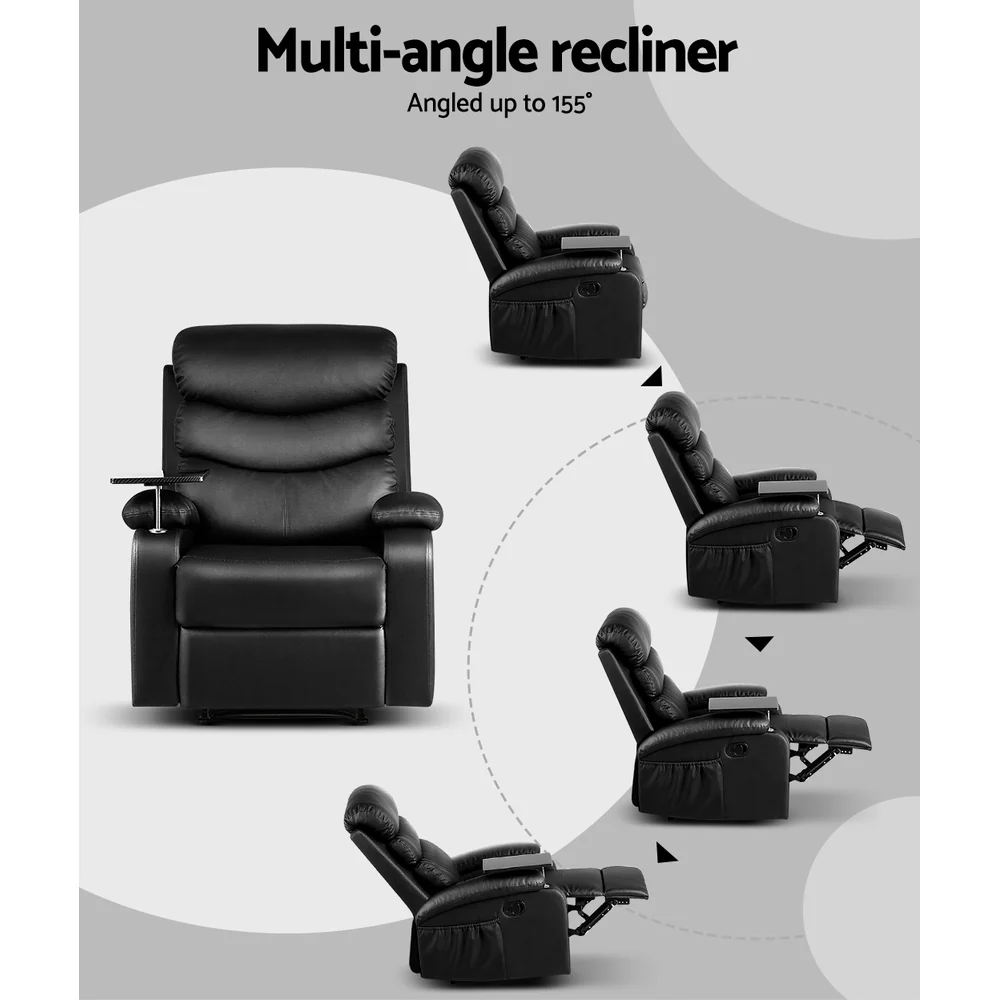 Artiss Recliner Chair Leather Black Tray Table Erika - Image 5