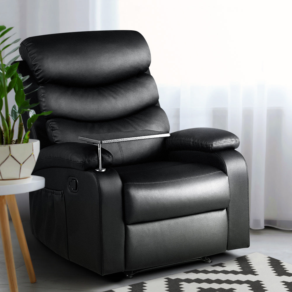 Artiss Recliner Chair Leather Black Tray Table Erika - Image 8
