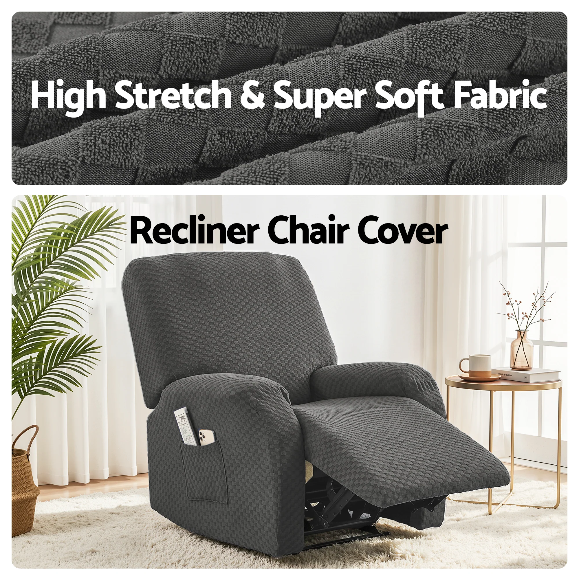 Artiss Recliner Chair Covers with Storage Side Pockets Grey Fabric - Image 6