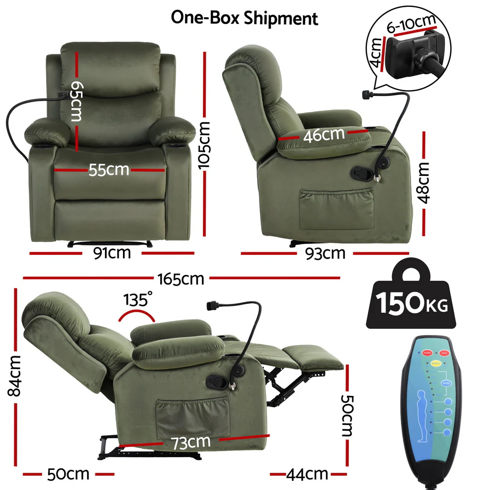 Artiss Recliner Chair Heated Massage Chair with Phone Holder Velvet - Image 3