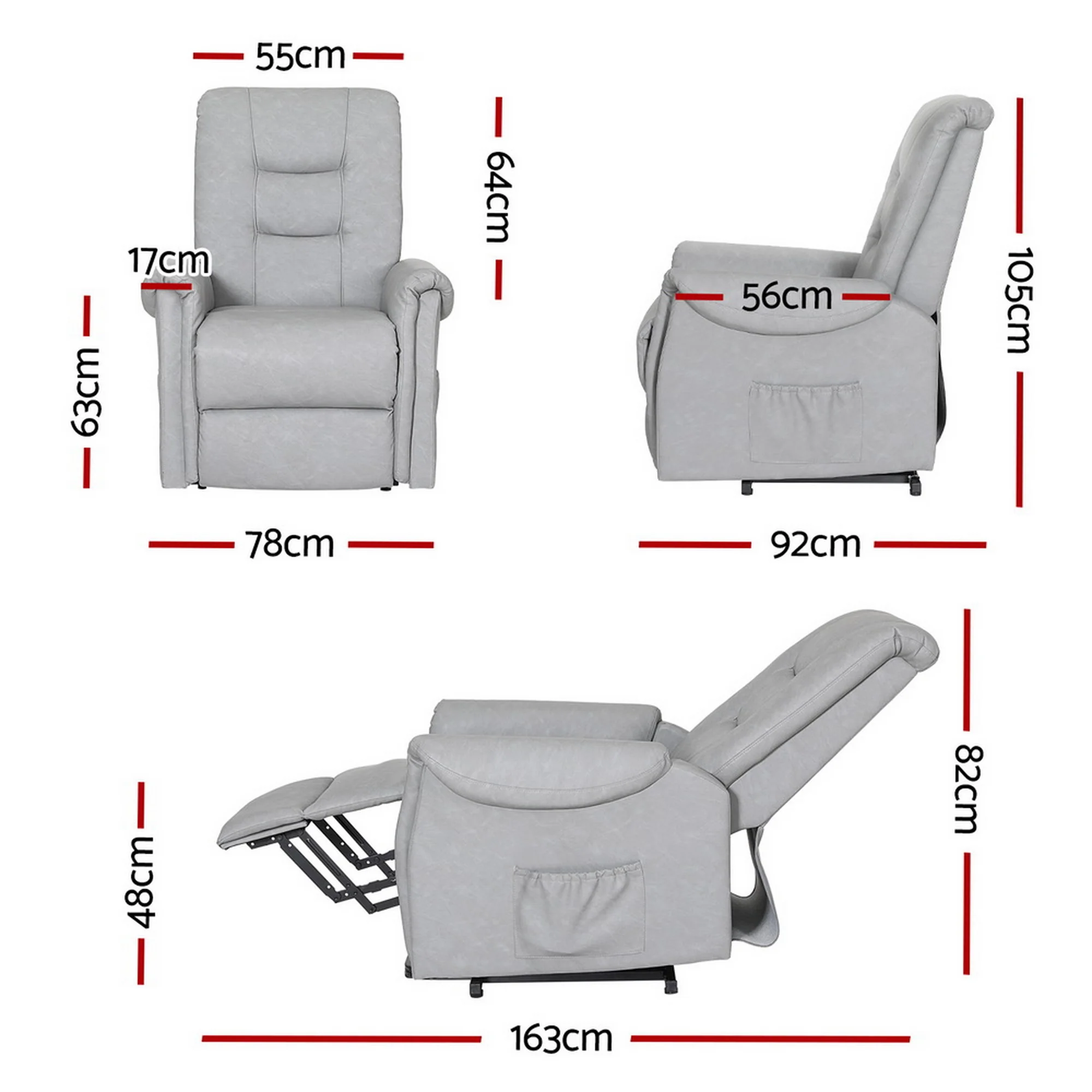Artiss Recliner Chair Lift Assist Chair Leather Grey - Image 3