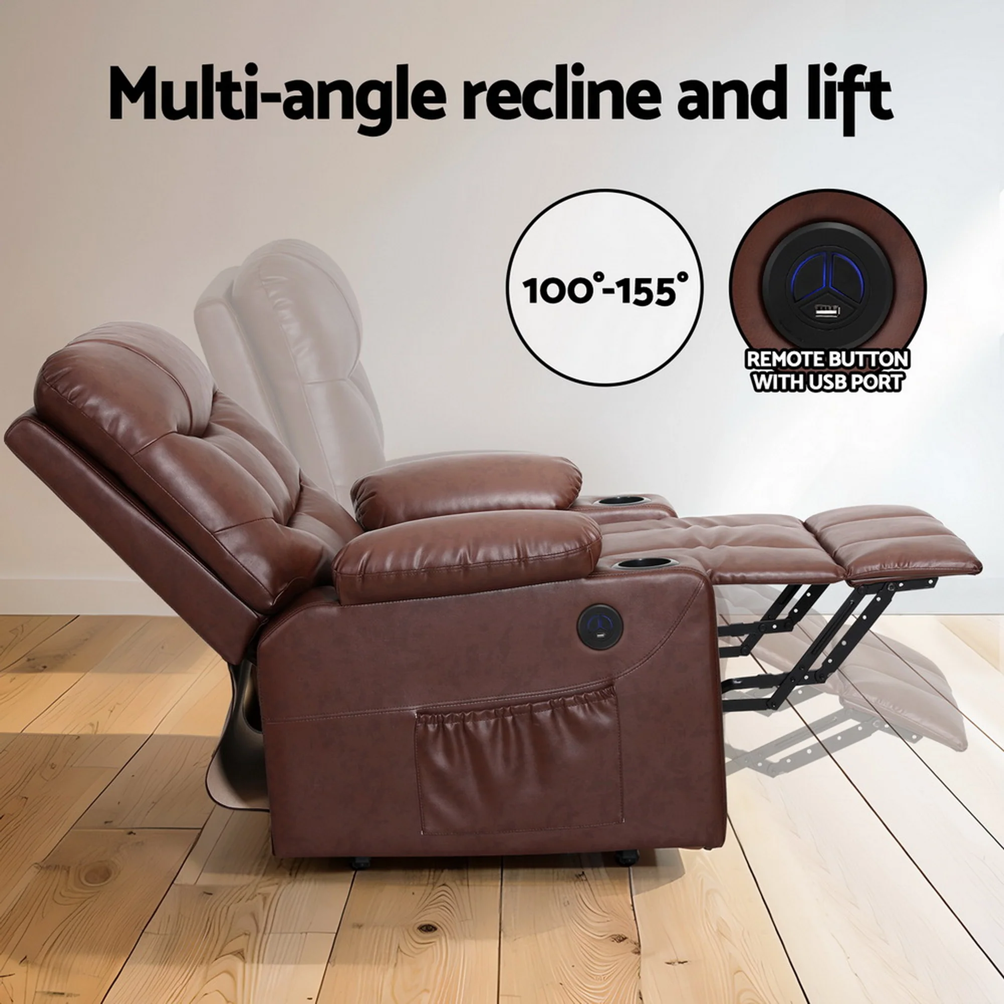 Artiss Recliner Chair Lift Assist Heated Massage Chair Leather Claude - Image 7