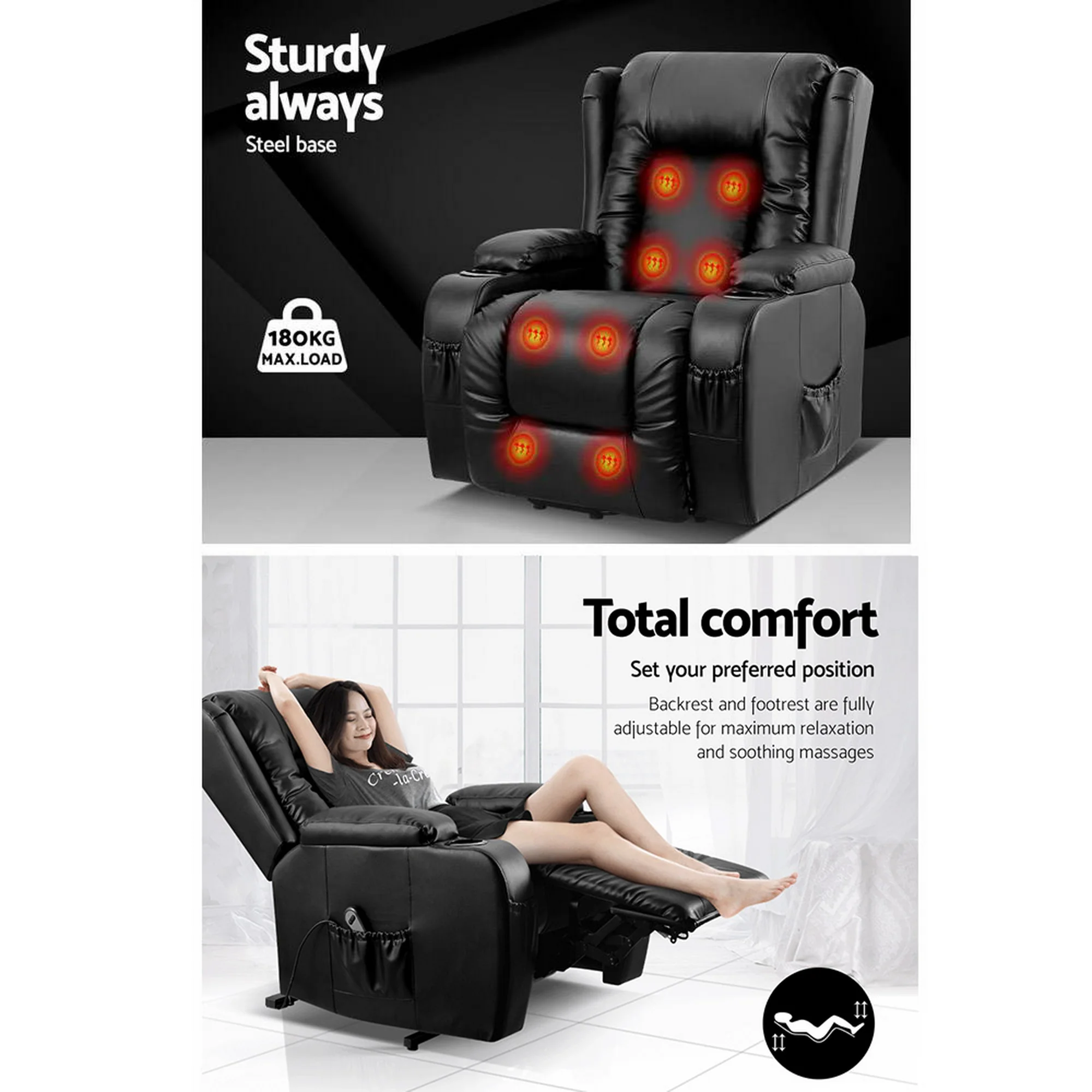 Artiss Recliner Chair Lift Assist Heated Massage Chair Leather Rukwa - Image 6