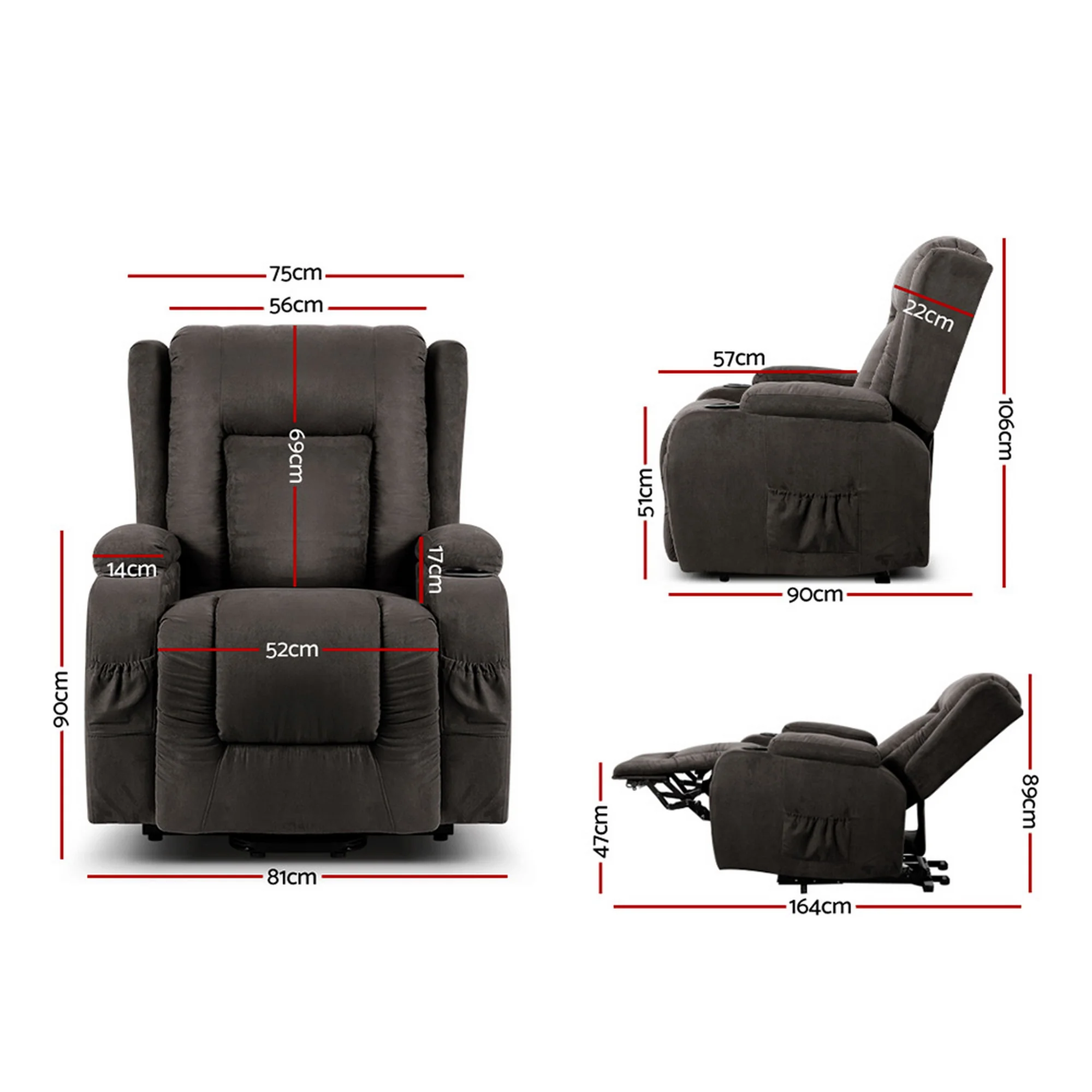 Artiss Recliner Chair Lift Assist Heated Massage Chair Velvet Rukwa - Image 3