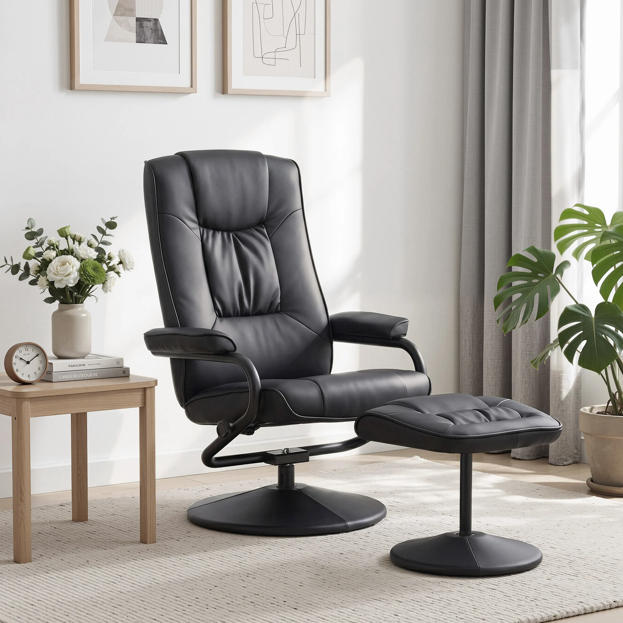 Artiss Recliner with Ottoman, Multi-Position 360-Degree Swivel Recliner Chair and Ottoman Set, PU Leather Living Room Sofa Lounge Armchair with Sturdy Metal Frame, Black, Quick Assembly