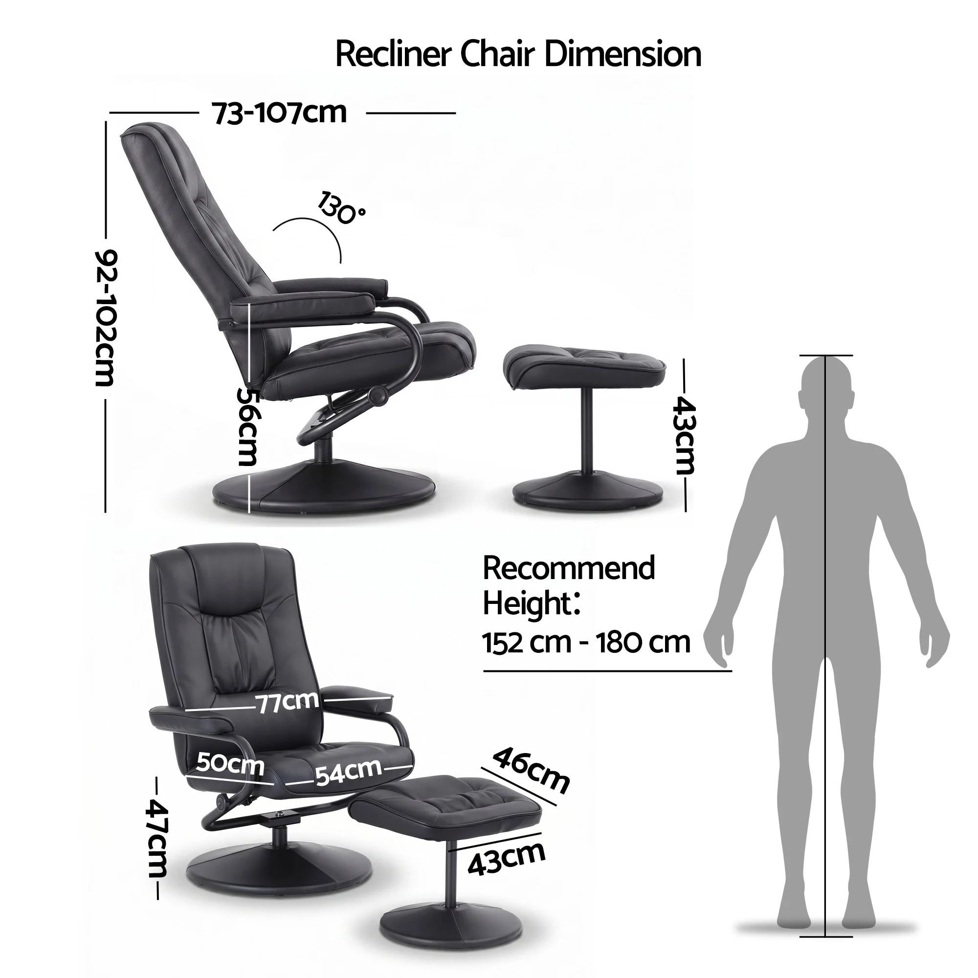 Artiss Recliner with Ottoman, Multi-Position 360-Degree Swivel Recliner Chair and Ottoman Set, PU Leather Living Room Sofa Lounge Armchair with Sturdy Metal Frame, Black, Quick Assembly - Image 3