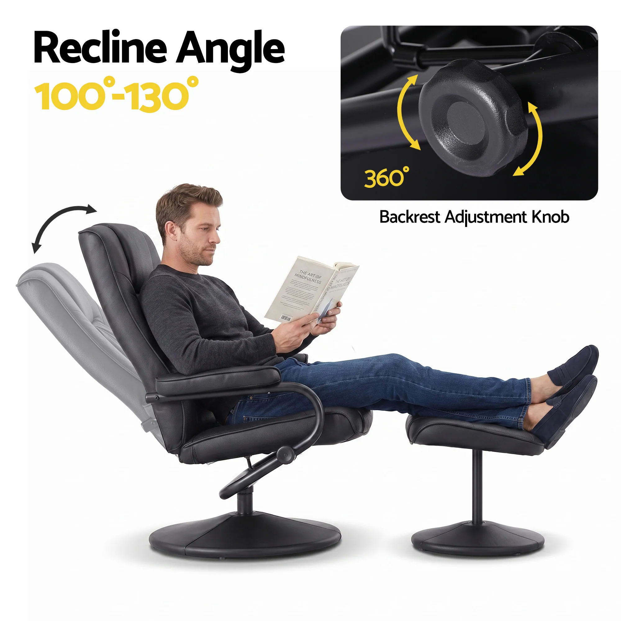 Artiss Recliner with Ottoman, Multi-Position 360-Degree Swivel Recliner Chair and Ottoman Set, PU Leather Living Room Sofa Lounge Armchair with Sturdy Metal Frame, Black, Quick Assembly - Image 5