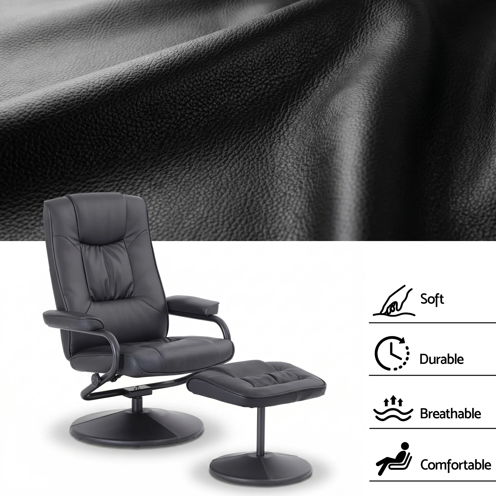 Artiss Recliner with Ottoman, Multi-Position 360-Degree Swivel Recliner Chair and Ottoman Set, PU Leather Living Room Sofa Lounge Armchair with Sturdy Metal Frame, Black, Quick Assembly - Image 7