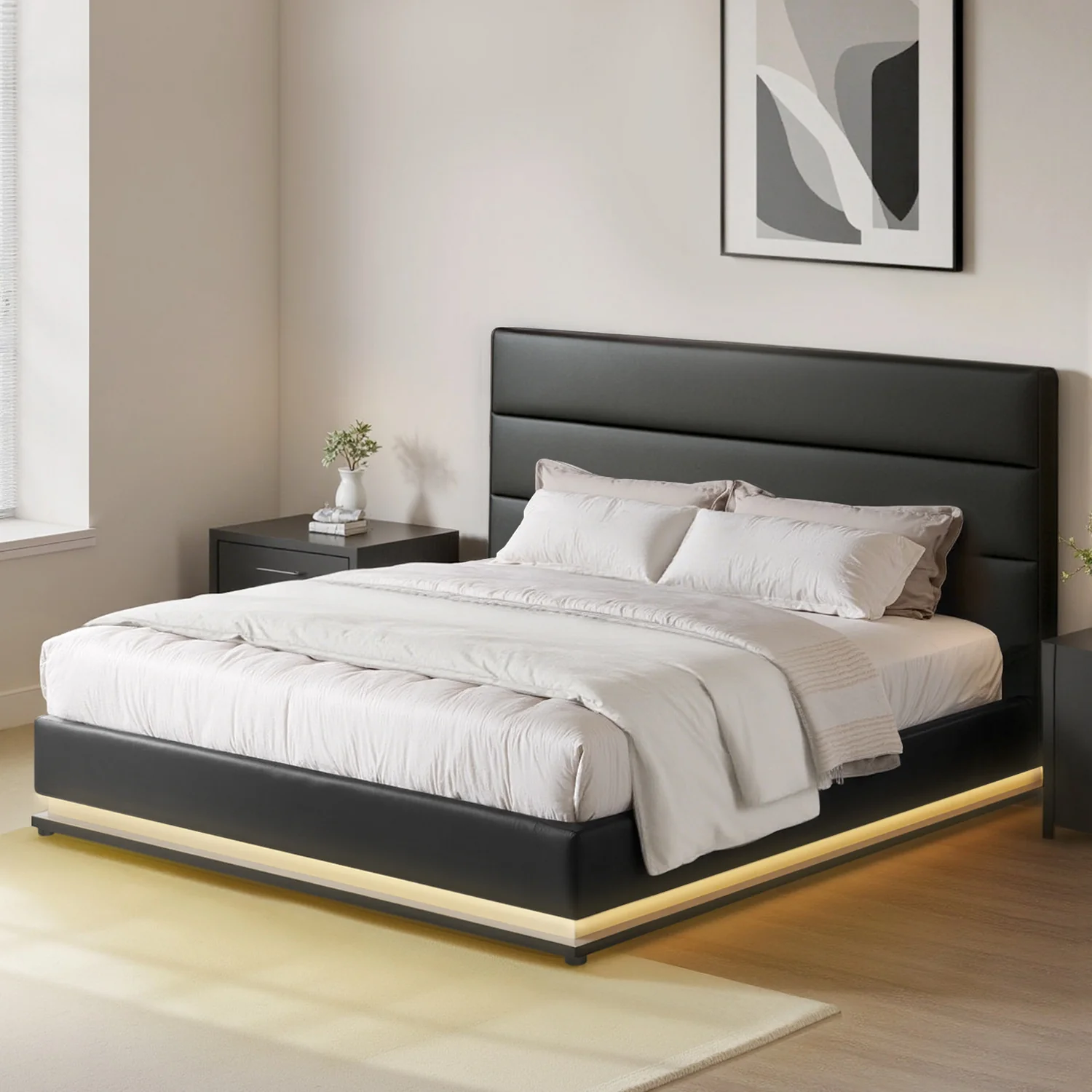Artiss Bed Frame Double Size LED Gas Lift Black LUMI