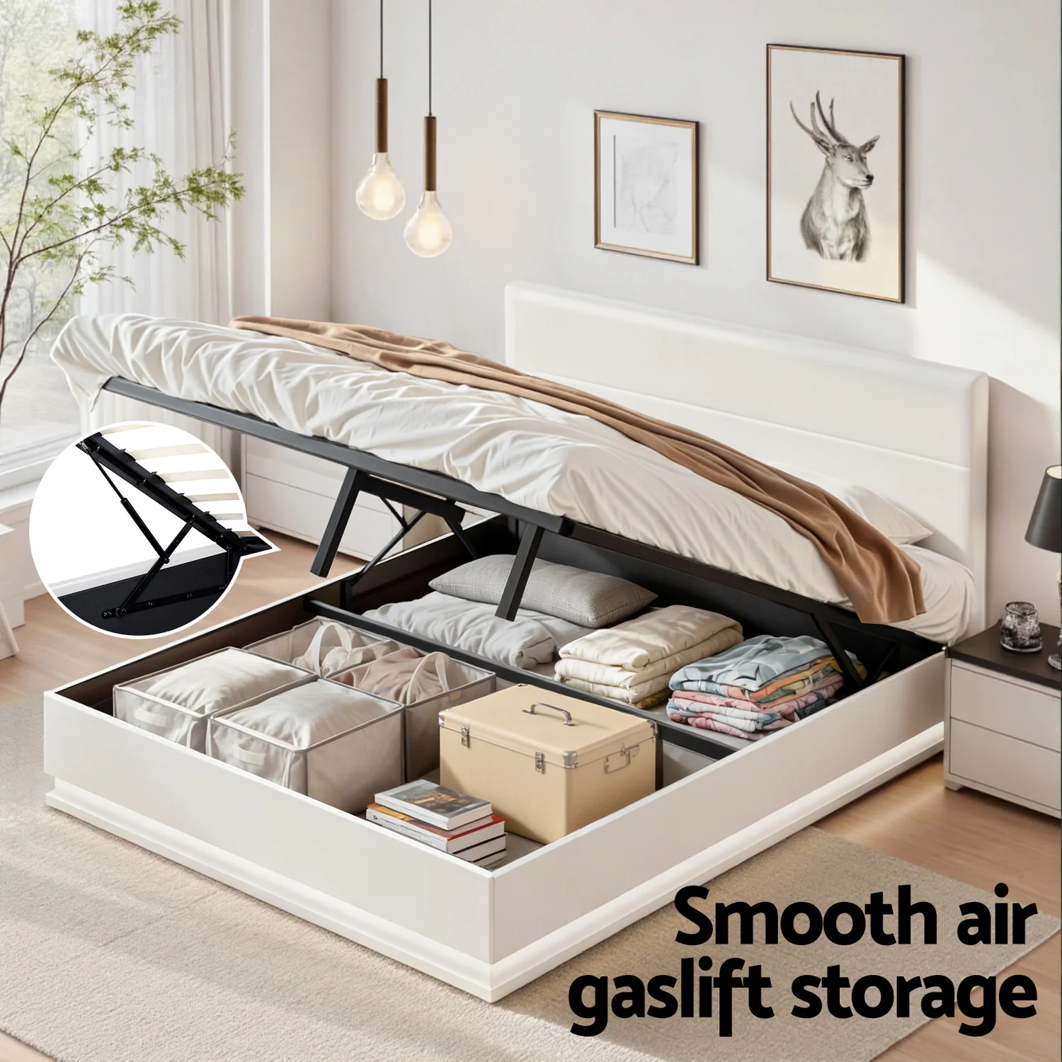 Artiss Bed Frame Double Size LED Gas Lift White LUMI - Image 5