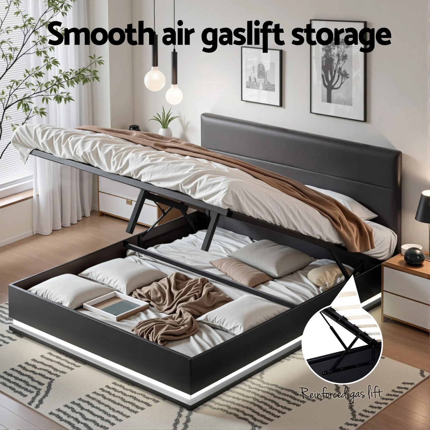 Artiss Bed Frame Queen Size LED Gas Lift Black LUMI - Image 4