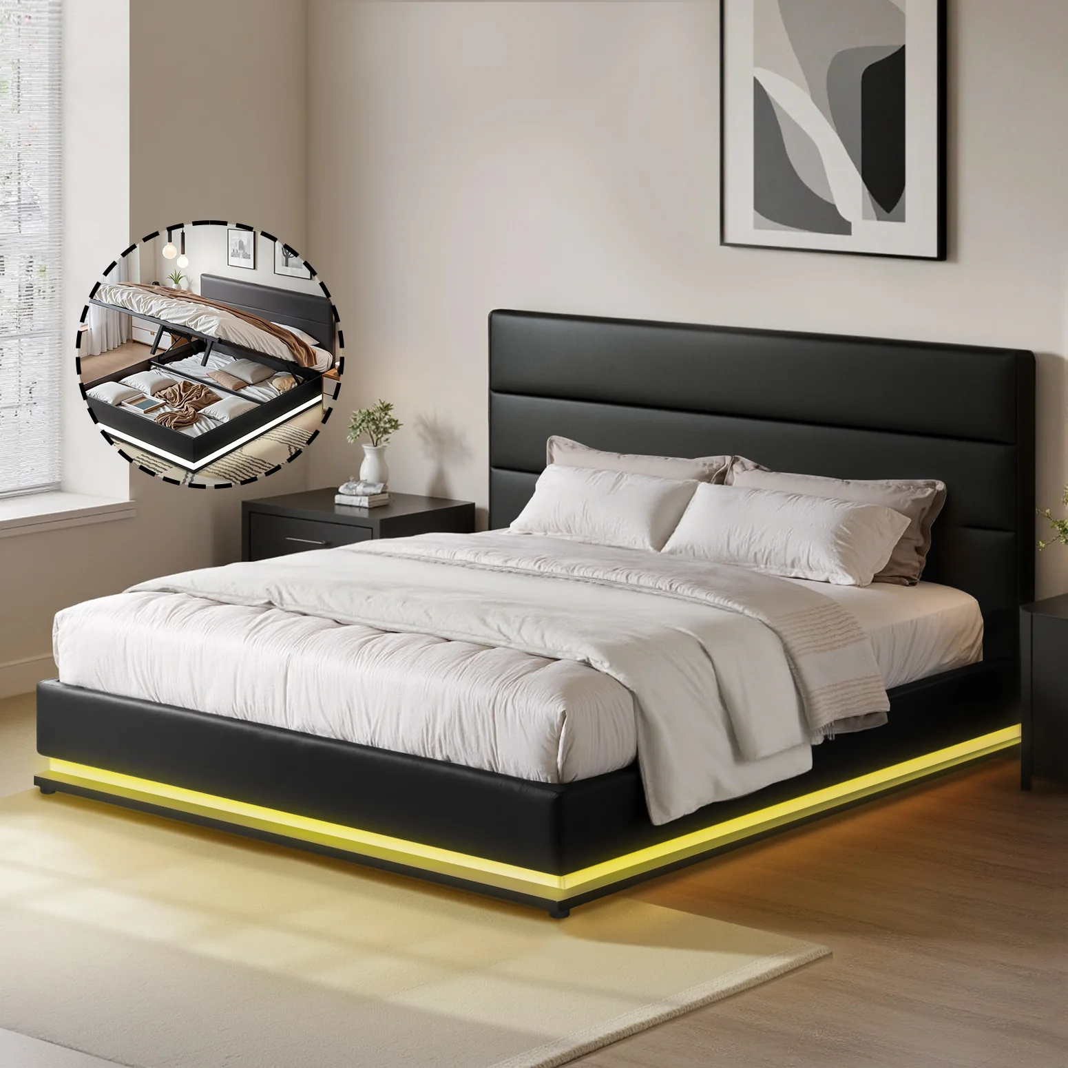 Artiss Bed Frame Queen Size LED Gas Lift Black LUMI - Image 7