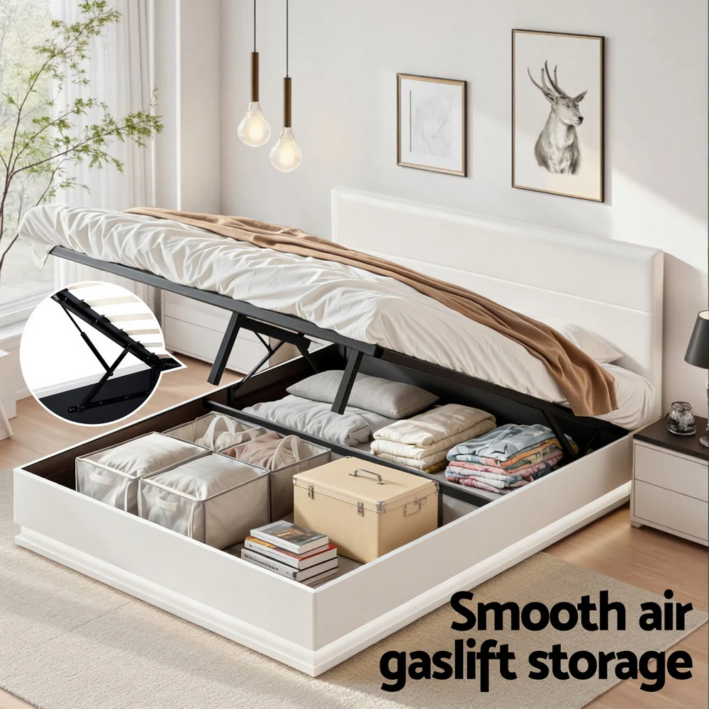 Artiss Bed Frame Queen Size LED Gas Lift White LUMI - Image 5