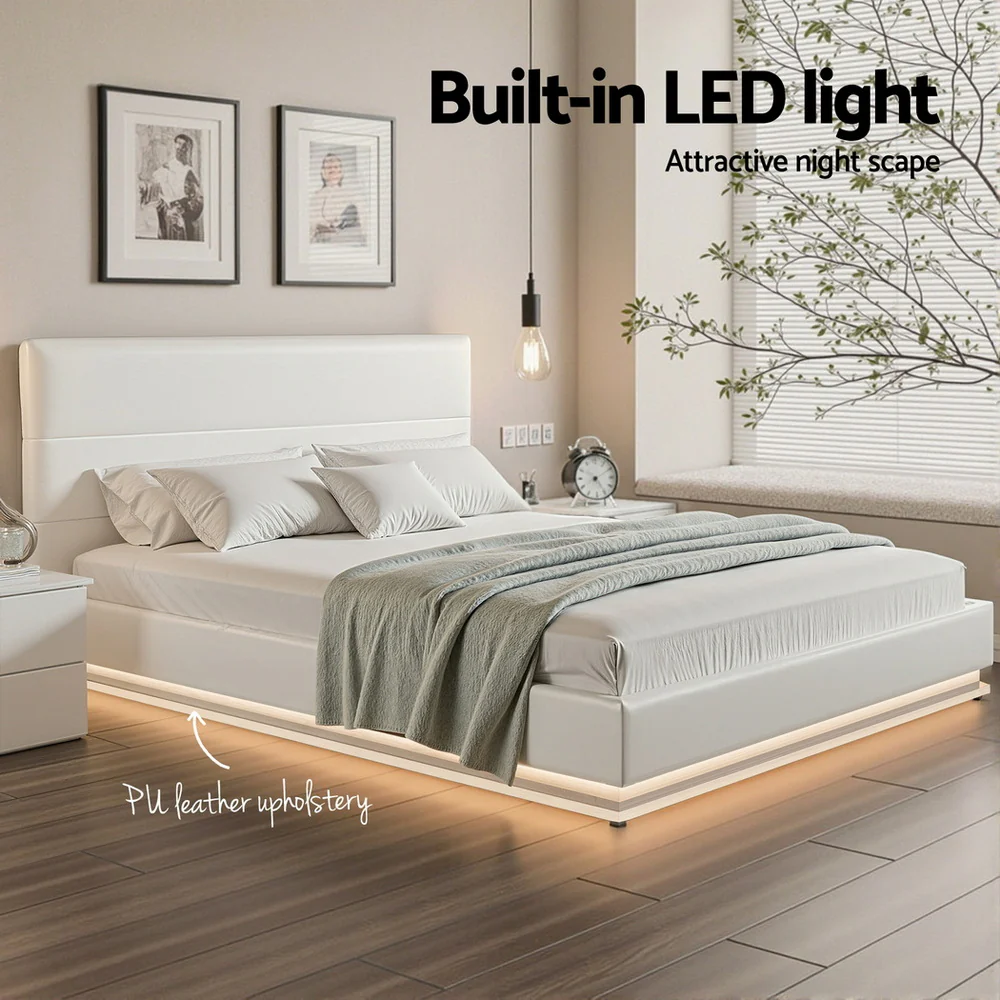 Artiss Bed Frame Queen Size LED Gas Lift White LUMI - Image 6