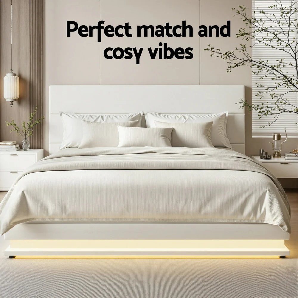 Artiss Bed Frame Queen Size LED Gas Lift White LUMI - Image 7