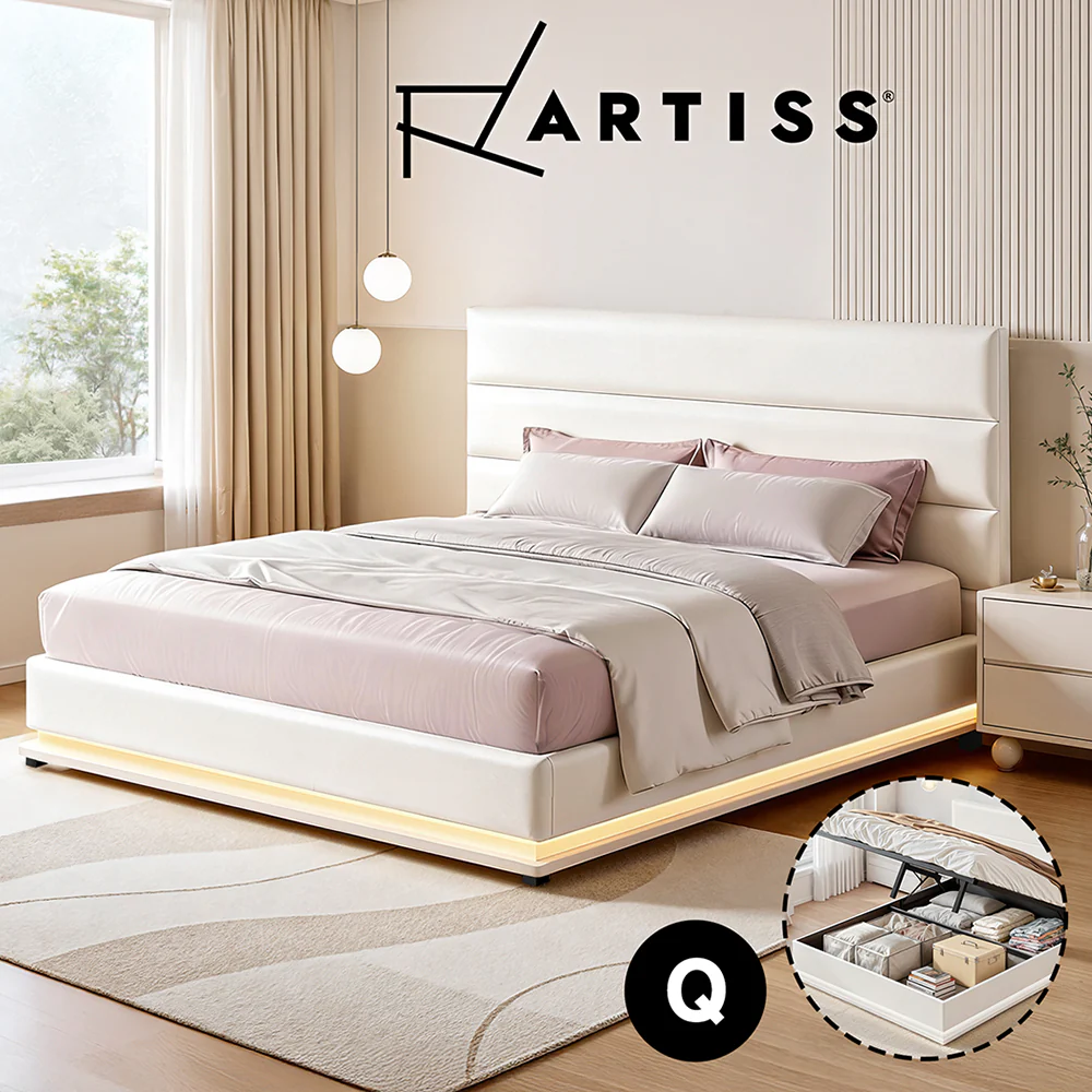 Artiss Bed Frame Queen Size LED Gas Lift White LUMI - Image 8