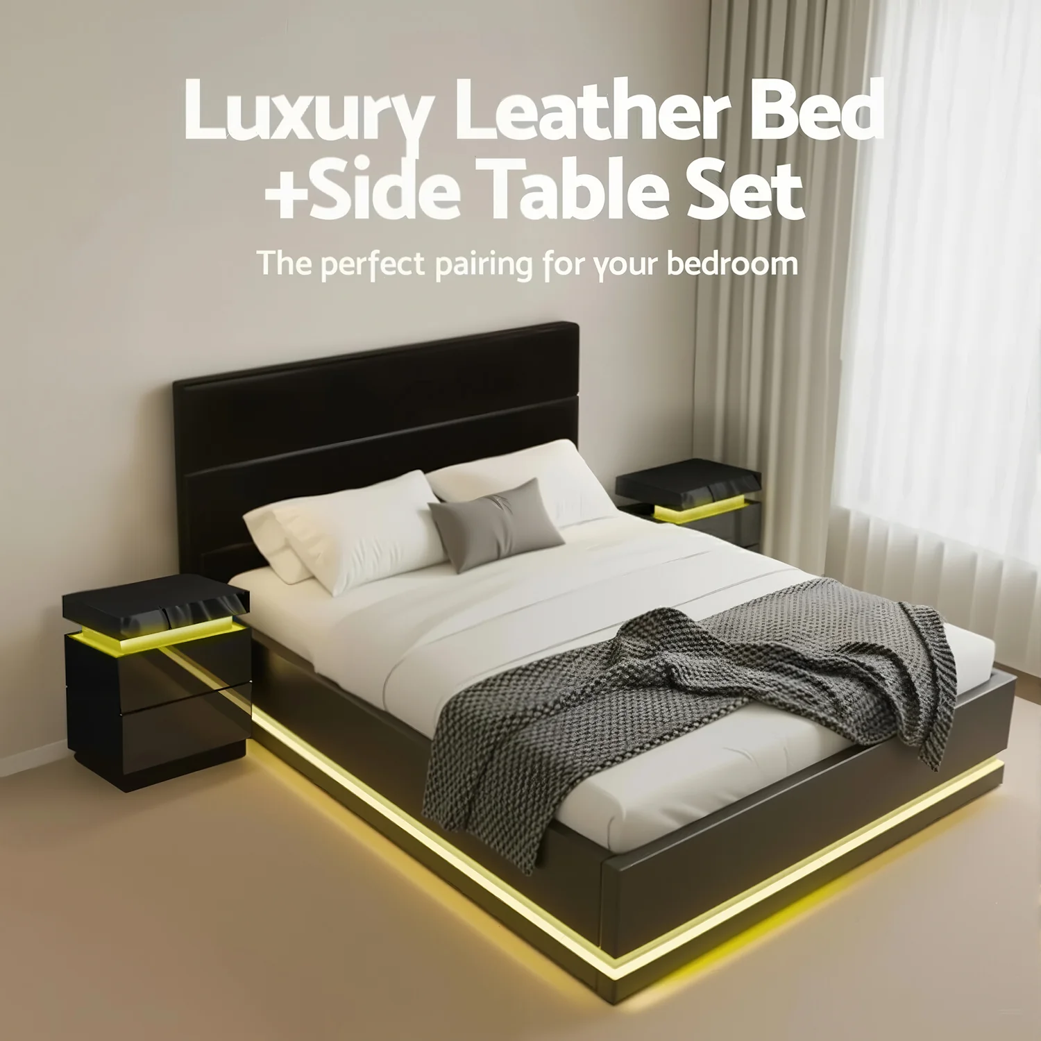 Artiss RGB LED Queen Bed Frame with 2 Beside Tables Set 16 Colour Mood Lighting - Image 4