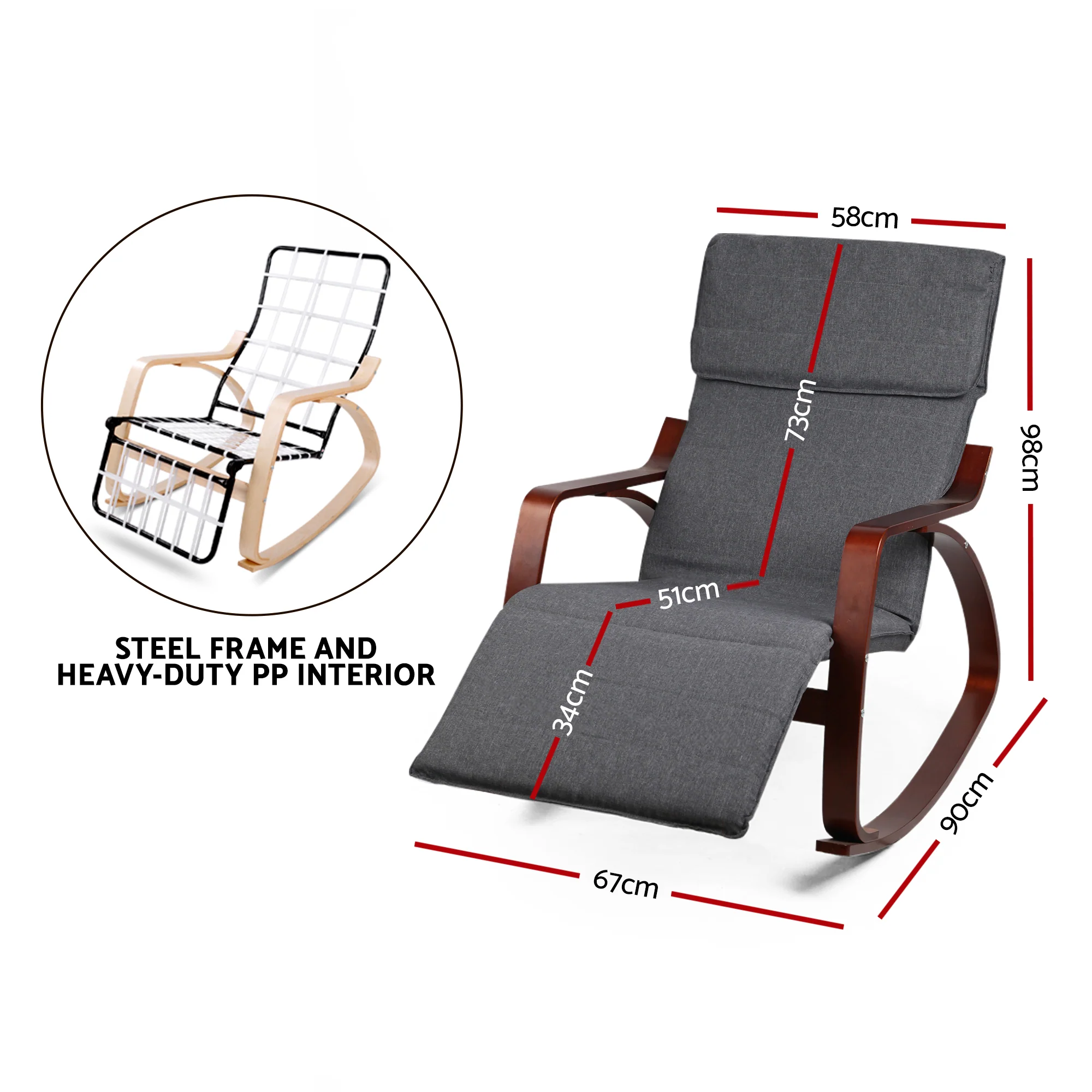 Artiss Rocking Armchair Footrest Nursing Charcoal Afton - Image 3