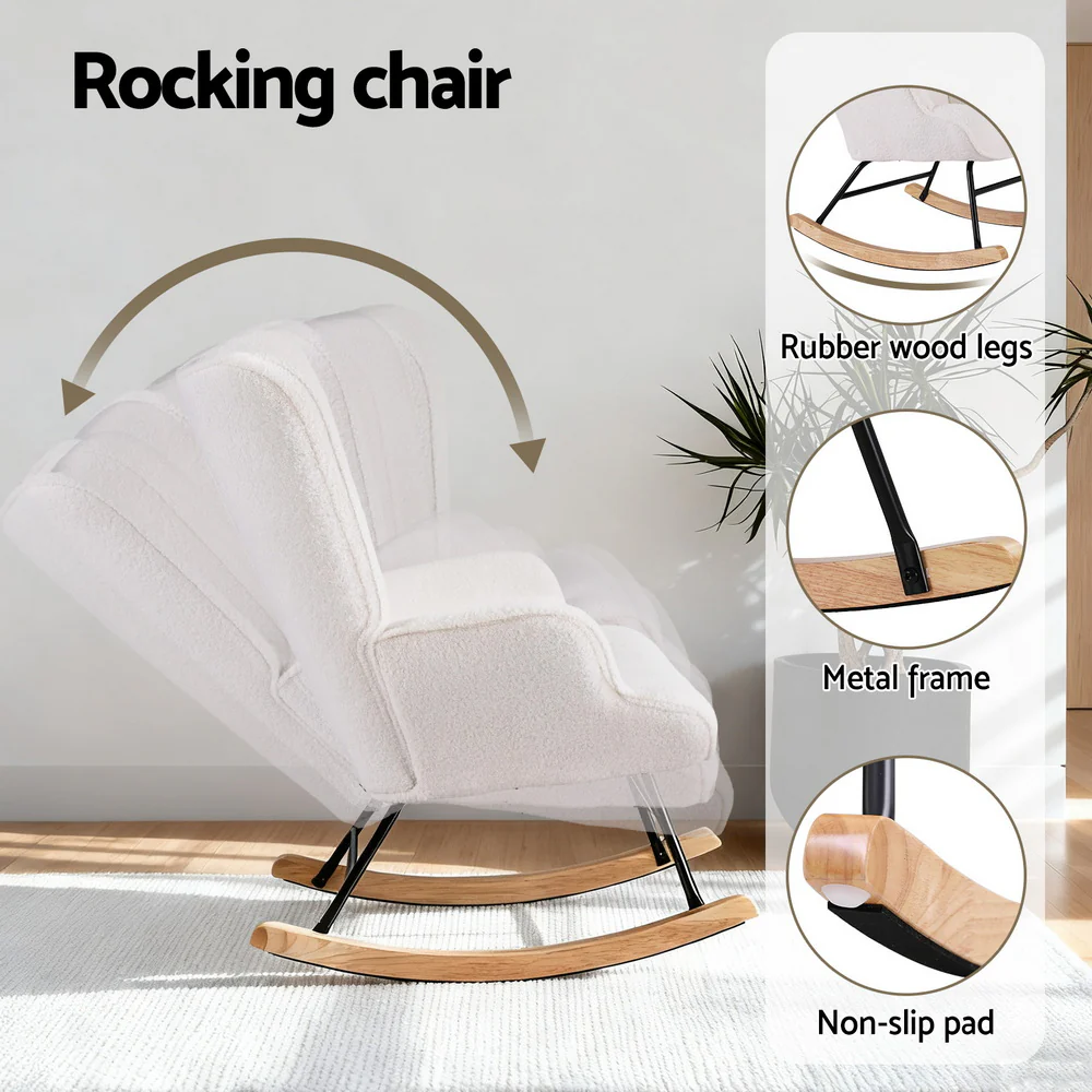Artiss Rocking Armchair Nursing Chair Boucle Fabric White - Image 4