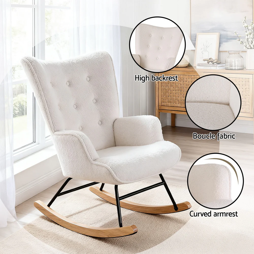 Artiss Rocking Armchair Nursing Chair Boucle Fabric White - Image 5