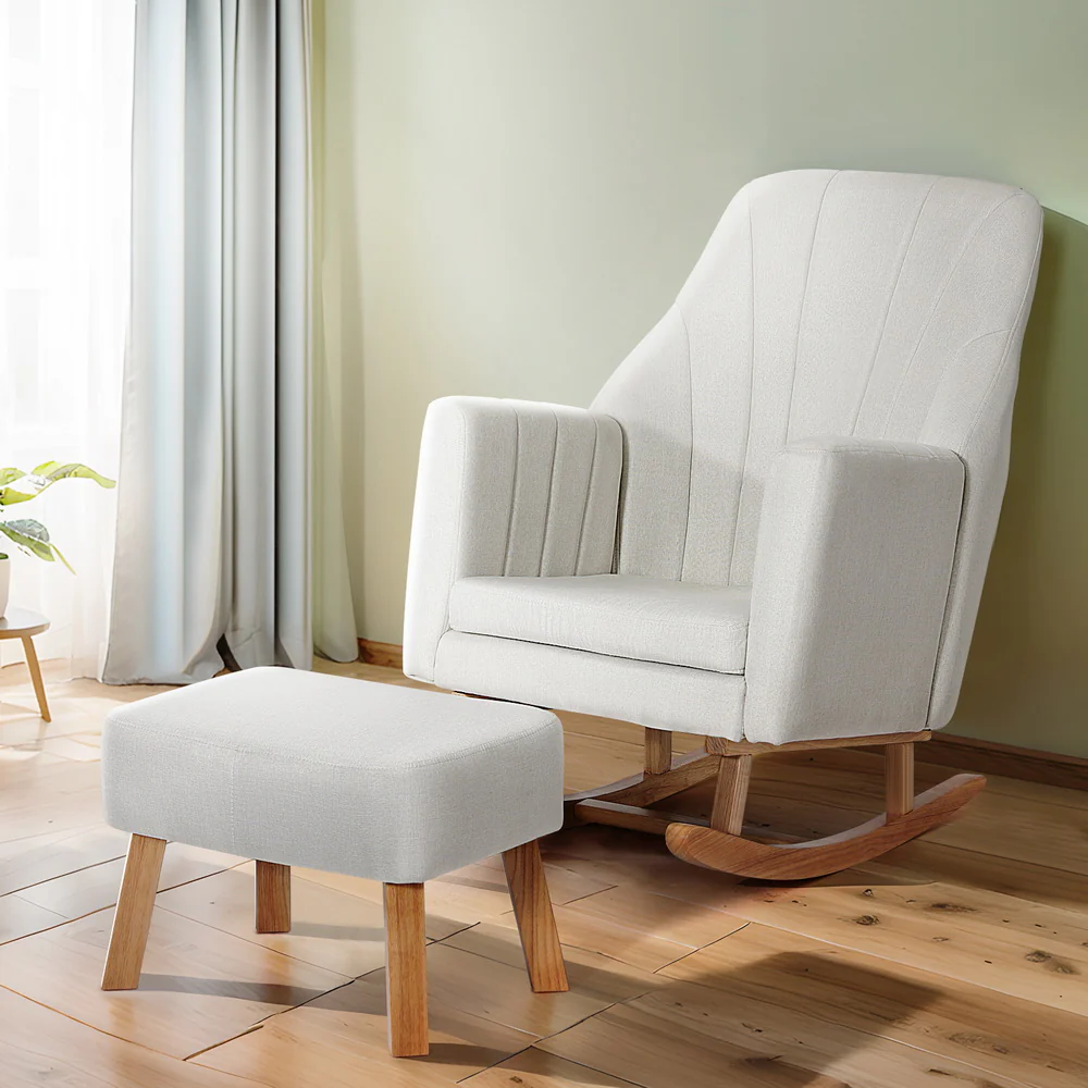 Artiss Rocking Chair Armchair Linen Fabric Beige Jonah - Image 7