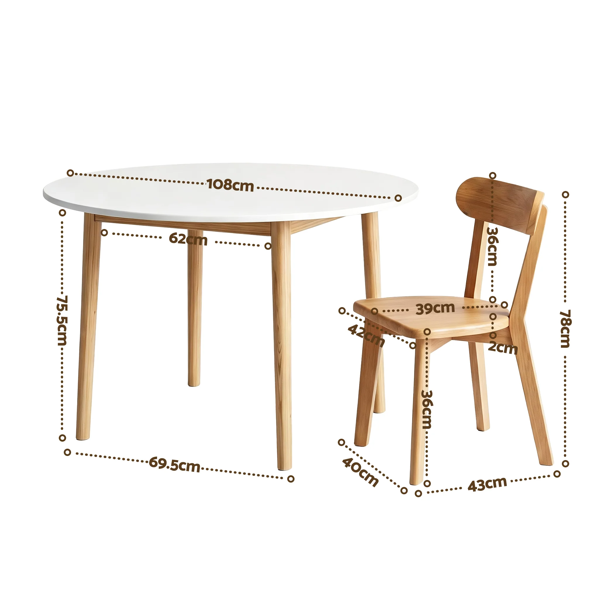 Artiss Round Dining Table and Chairs Set 5 PCS, 108cm Compact Kitchen Table Set with Solid Pine Wood Legs & 4 Ergonomic Rubber Wood Chairs,White Timber Dining Set for Small Space - Image 3