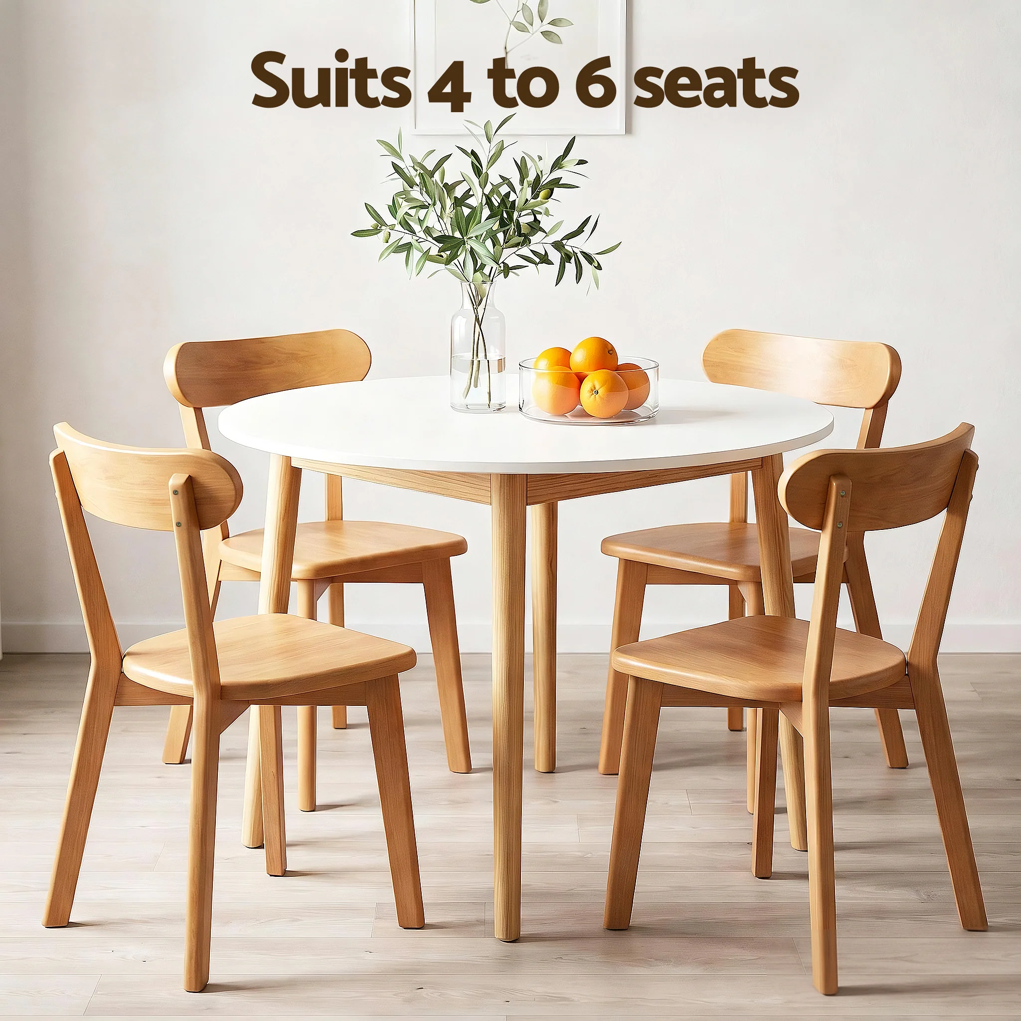 Artiss Round Dining Table and Chairs Set 5 PCS, 108cm Compact Kitchen Table Set with Solid Pine Wood Legs & 4 Ergonomic Rubber Wood Chairs,White Timber Dining Set for Small Space - Image 5