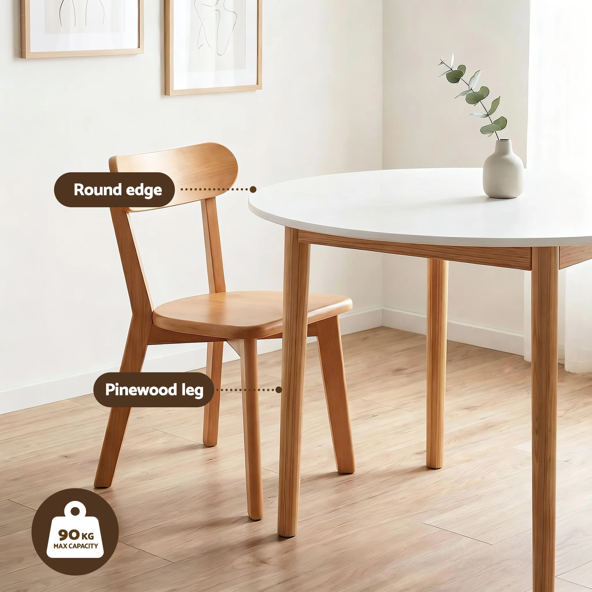 Artiss Round Dining Table and Chairs Set 5 PCS, 108cm Compact Kitchen Table Set with Solid Pine Wood Legs & 4 Ergonomic Rubber Wood Chairs,White Timber Dining Set for Small Space - Image 6