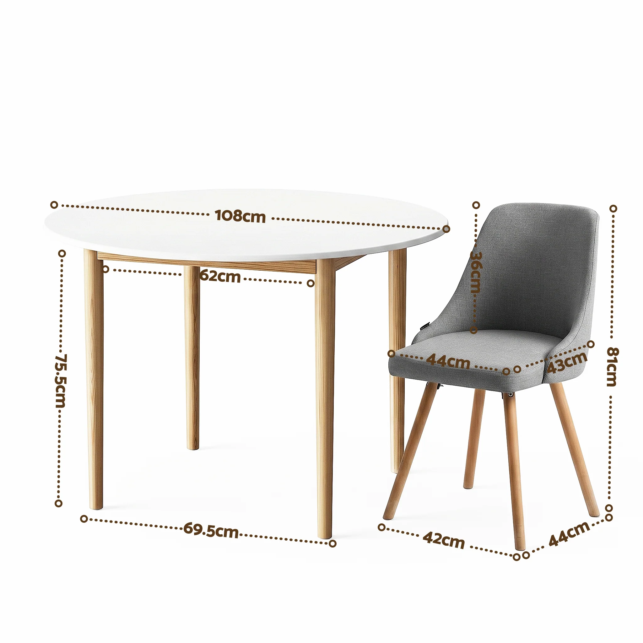 Artiss Round Dining Table and Chairs Set 5pcs Compact Kitchen Furniture White Natural Wood & Grey - Image 3