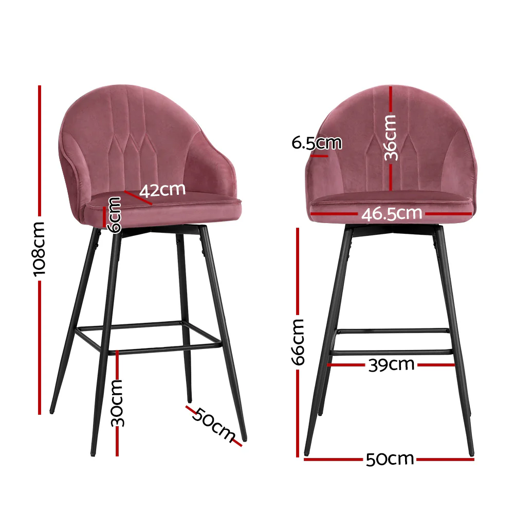 Artiss Set of 2 Bar Stools Kitchen Stool Dining Chairs Velvet Chair Barstool Pink Mesial - Image 2