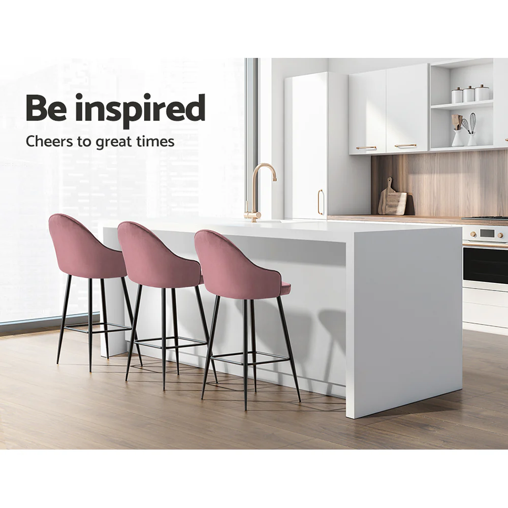Artiss Set of 2 Bar Stools Kitchen Stool Dining Chairs Velvet Chair Barstool Pink Mesial - Image 5