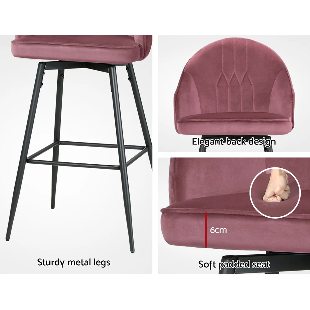 Artiss Set of 2 Bar Stools Kitchen Stool Dining Chairs Velvet Chair Barstool Pink Mesial - Image 6