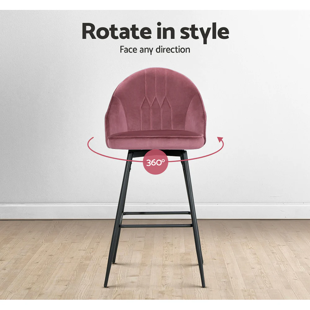 Artiss Set of 2 Bar Stools Kitchen Stool Dining Chairs Velvet Chair Barstool Pink Mesial - Image 7