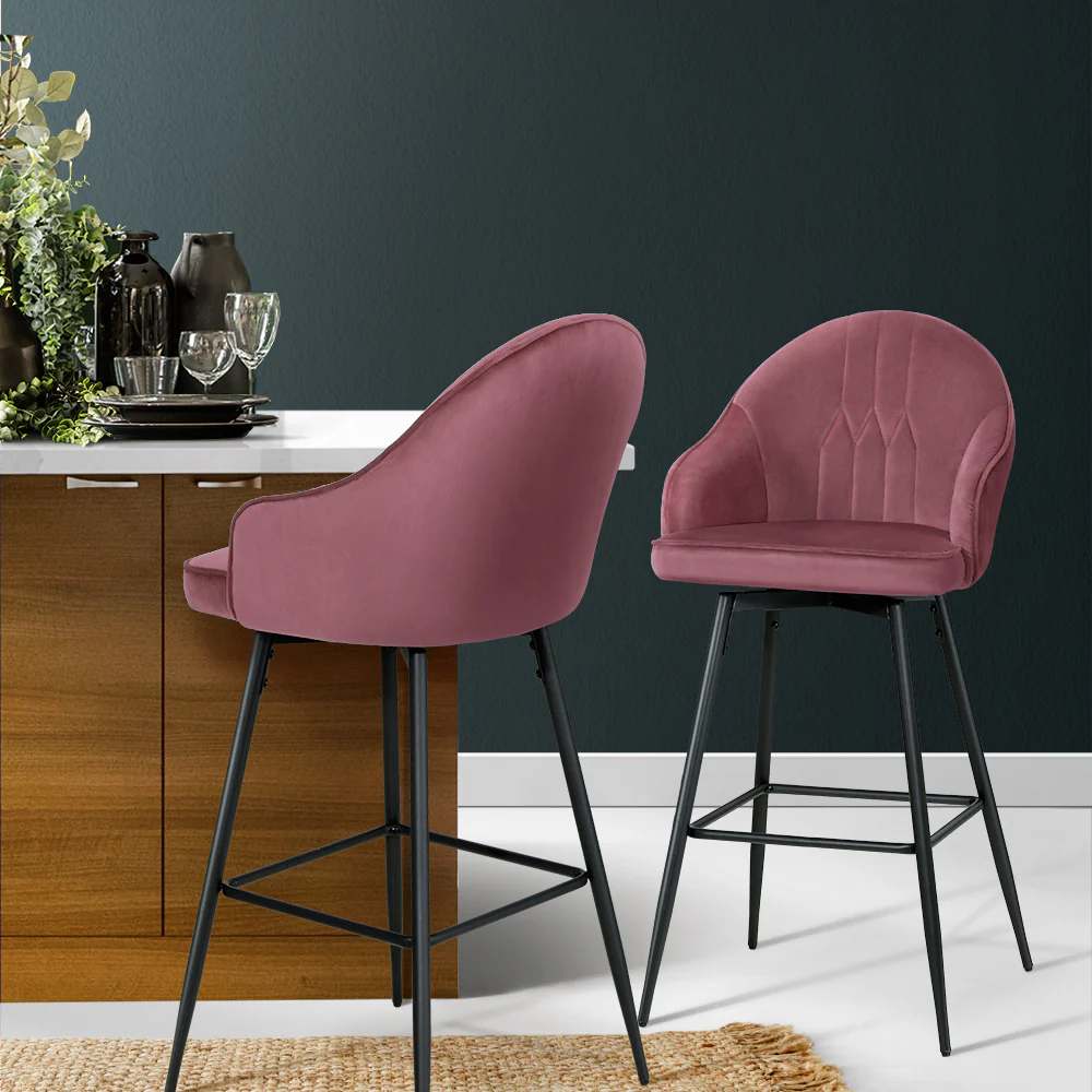Artiss Set of 2 Bar Stools Kitchen Stool Dining Chairs Velvet Chair Barstool Pink Mesial - Image 8