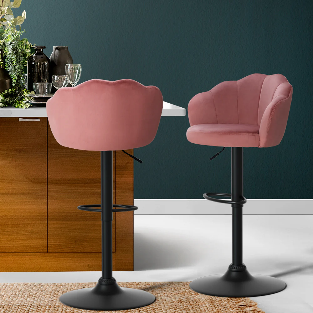 Artiss 2x Bar Stools Gas Lift Velvet Pink - Image 8