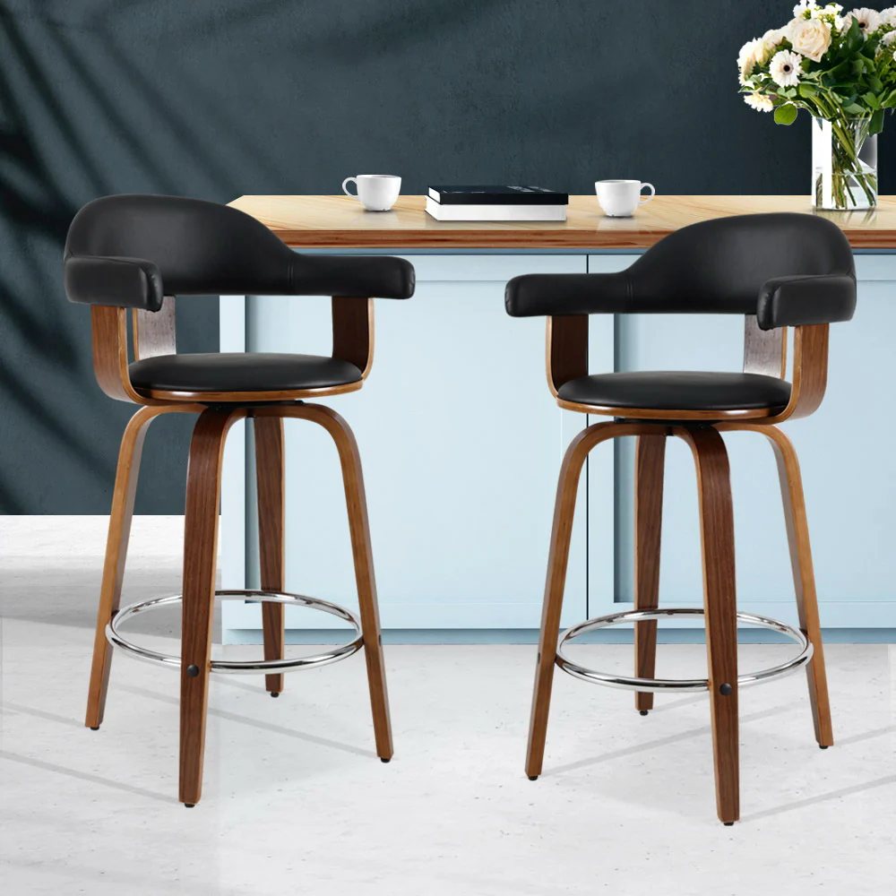 Artiss 2x Bar Stools Leather Seat Wooden Legs - Image 7